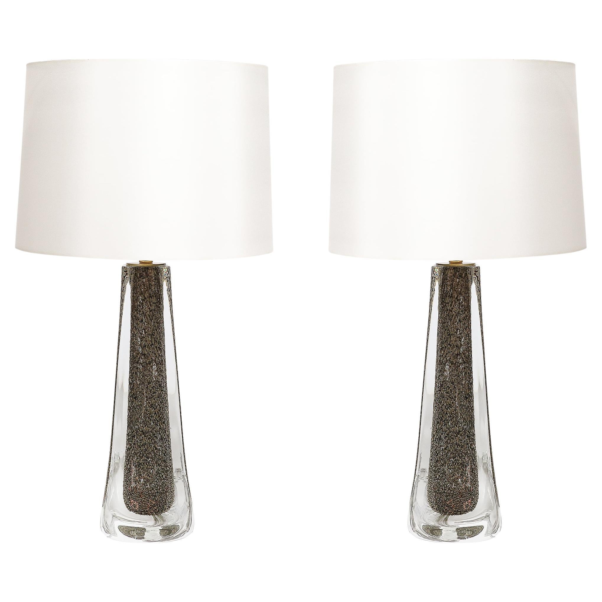 Modernist Hand-Blown Murano Bullicante Detailed Glass & Brass Fitted Table Lamps For Sale