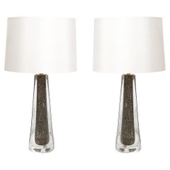 Modernist Hand-Blown Murano Bullicante Detailed Glass & Brass Fitted Table Lamps