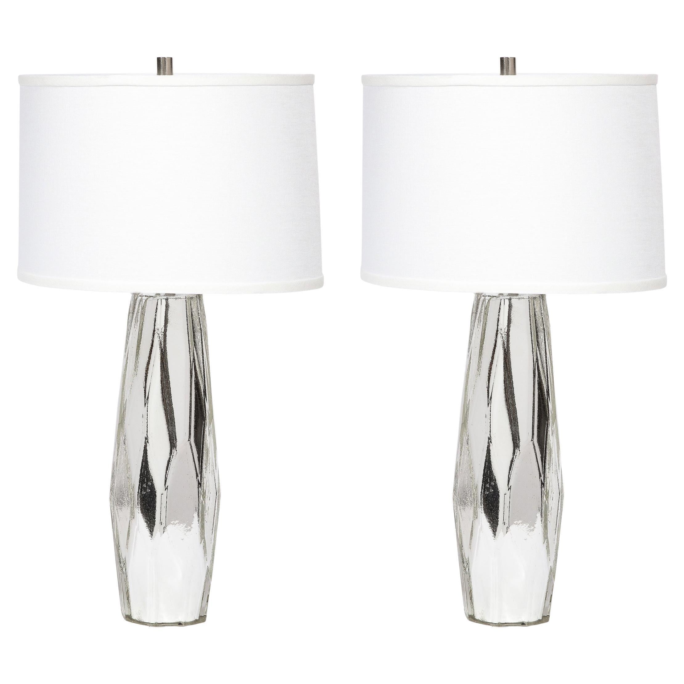 Modernist Hand-Blown Murano Cubist White Gold Mercury Glass Lamps For Sale