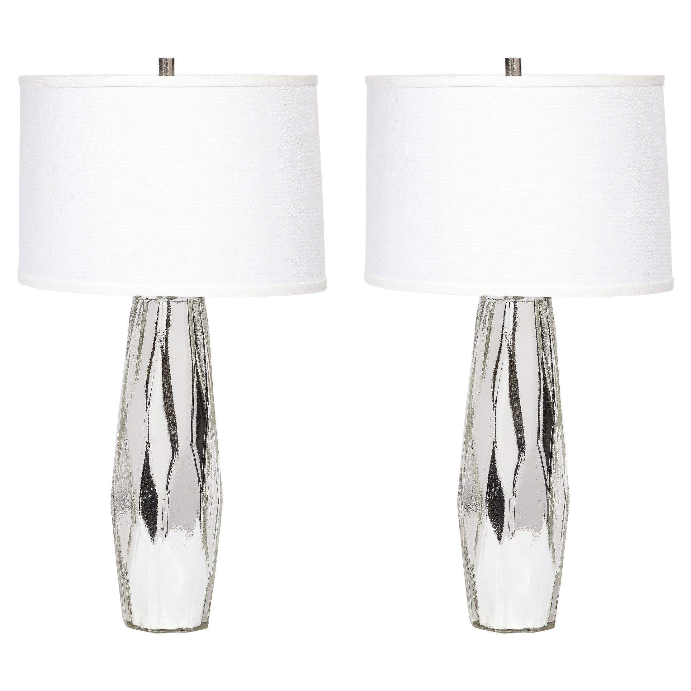 Modernist Hand-Blown Murano Cubist White Gold Mercury Glass Lamps