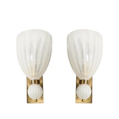 Modernist Hand-Blown Murano Fluted Bullicante Glass Sconces w/ Orbital Drop