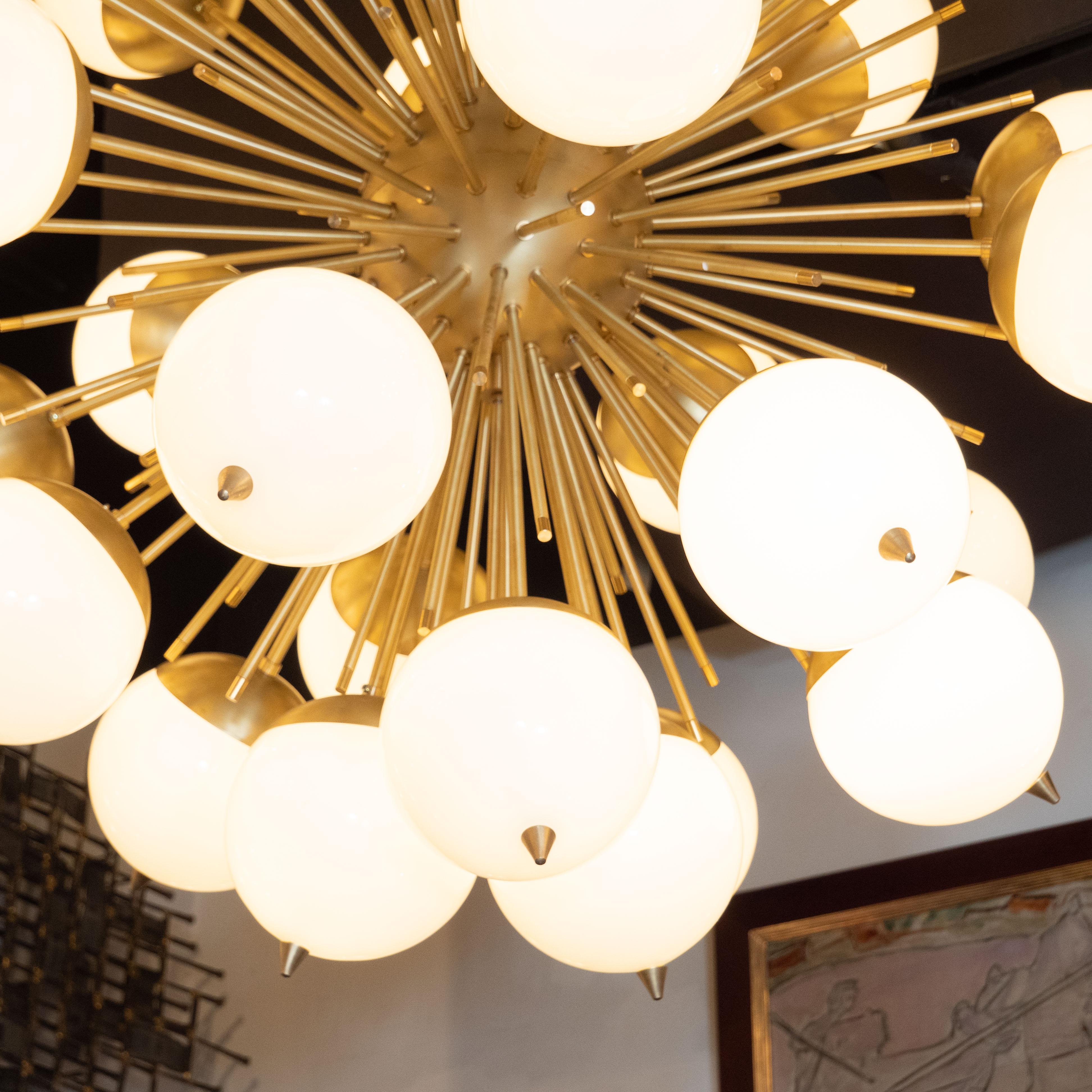 Contemporary Modernist Hand Blown Murano Frosted Glass and Brushed Brass Sputnik Chandelier For Sale
