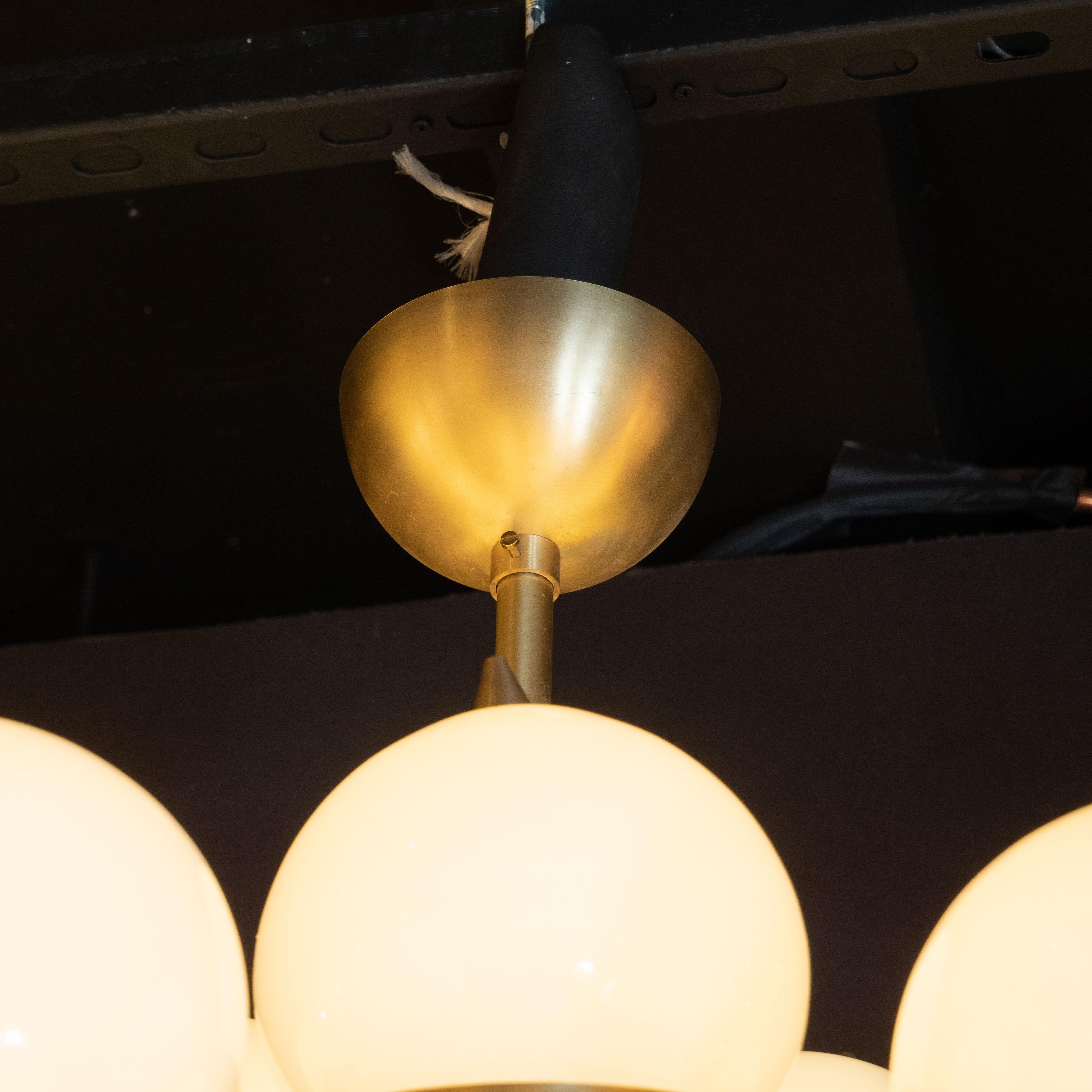 Modernist Hand Blown Murano Frosted Glass and Brushed Brass Sputnik Chandelier For Sale 3