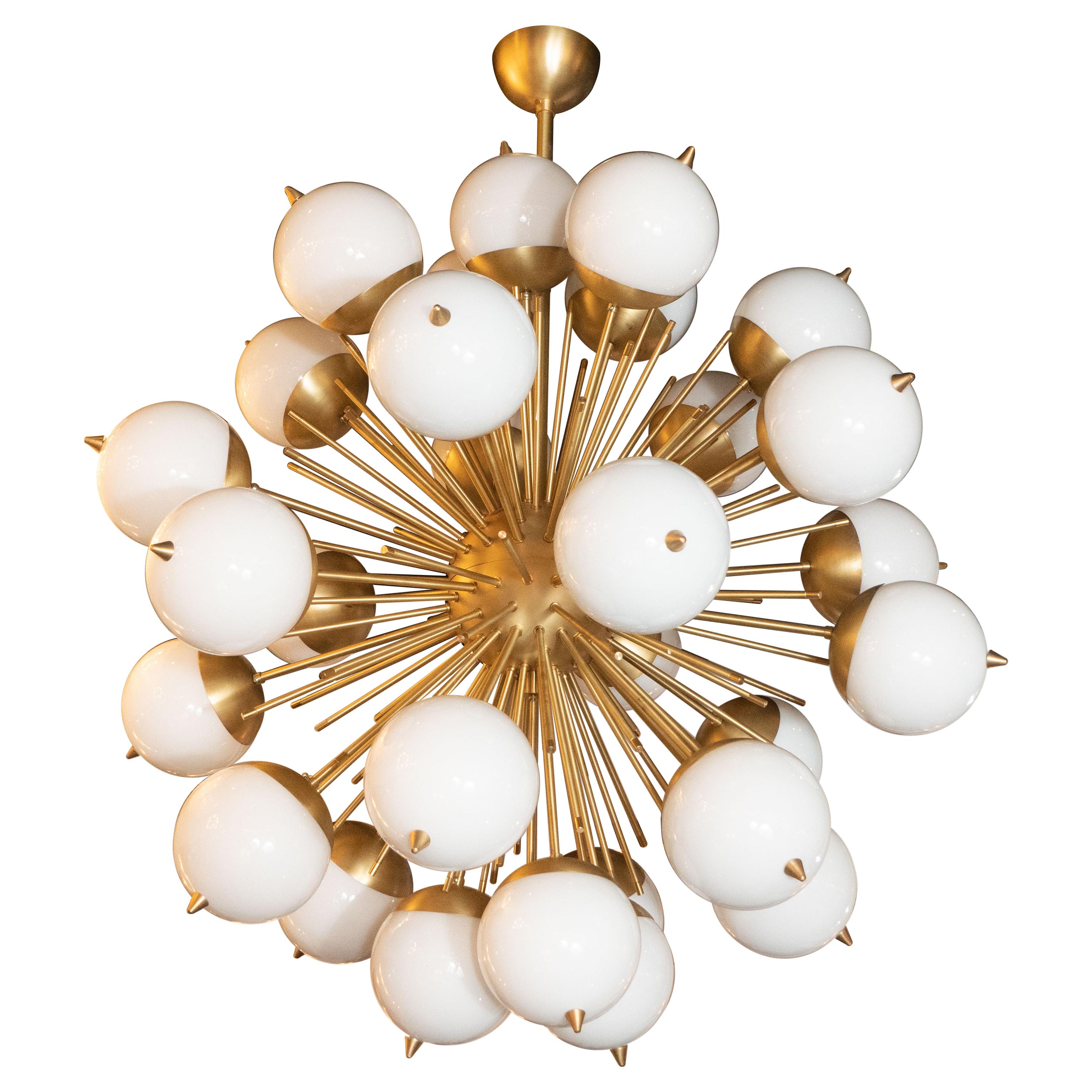 Modernist Hand Blown Murano Frosted Glass and Brushed Brass Sputnik Chandelier