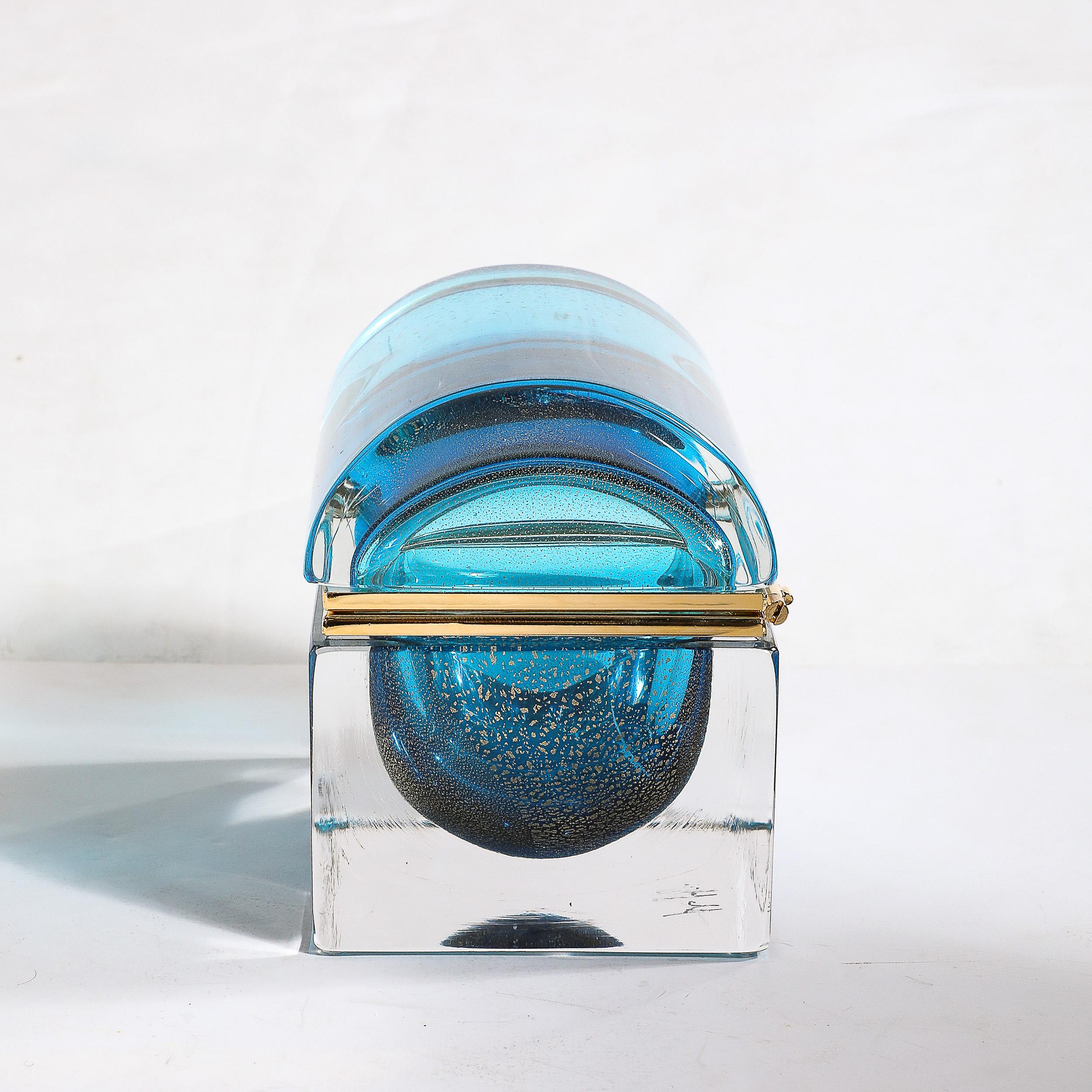 Modernist Hand-Blown Murano Glass Box in Aquamarine w/ 24 Karat Gold Flecks For Sale 4
