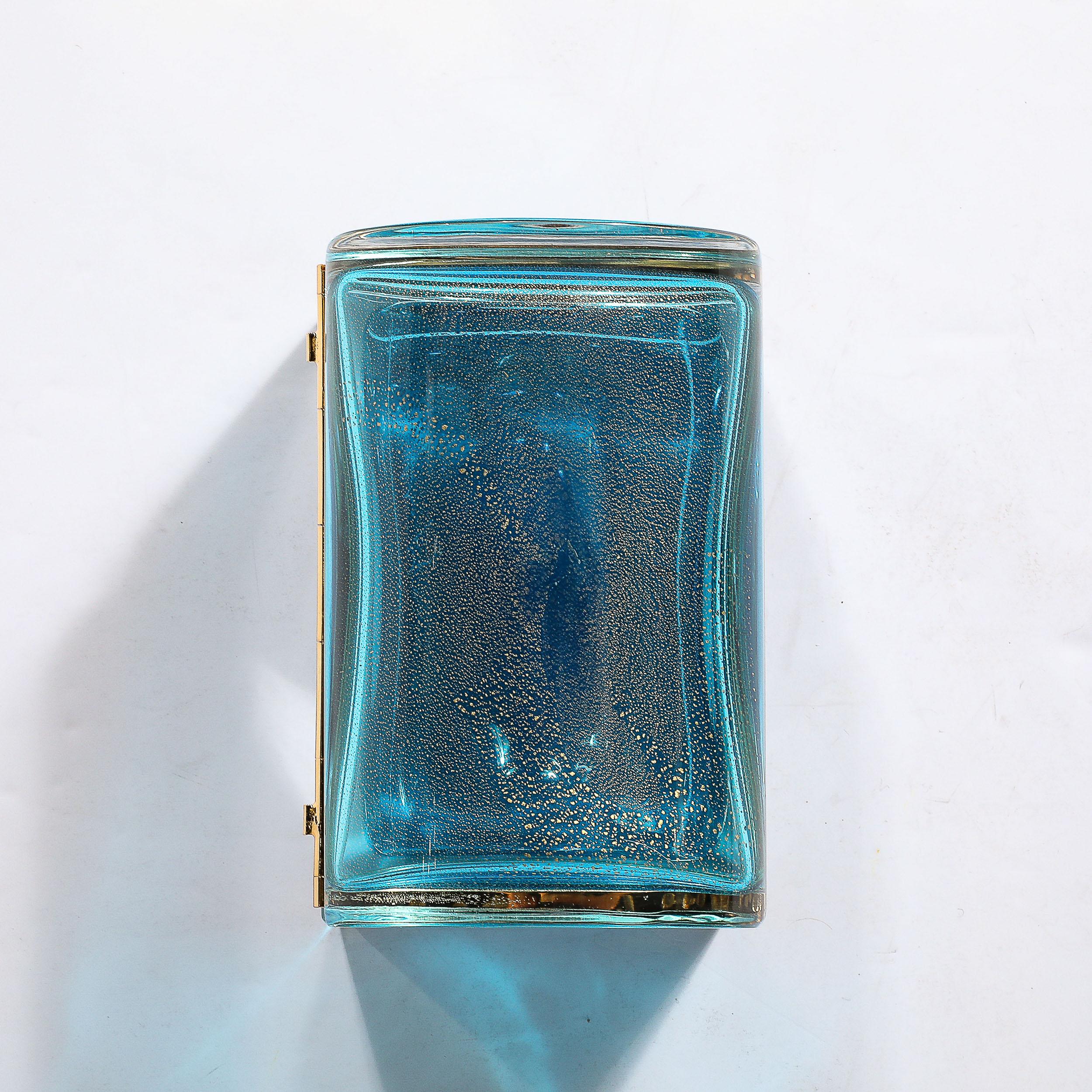 Modernist Hand-Blown Murano Glass Box in Aquamarine w/ 24 Karat Gold Flecks For Sale 5