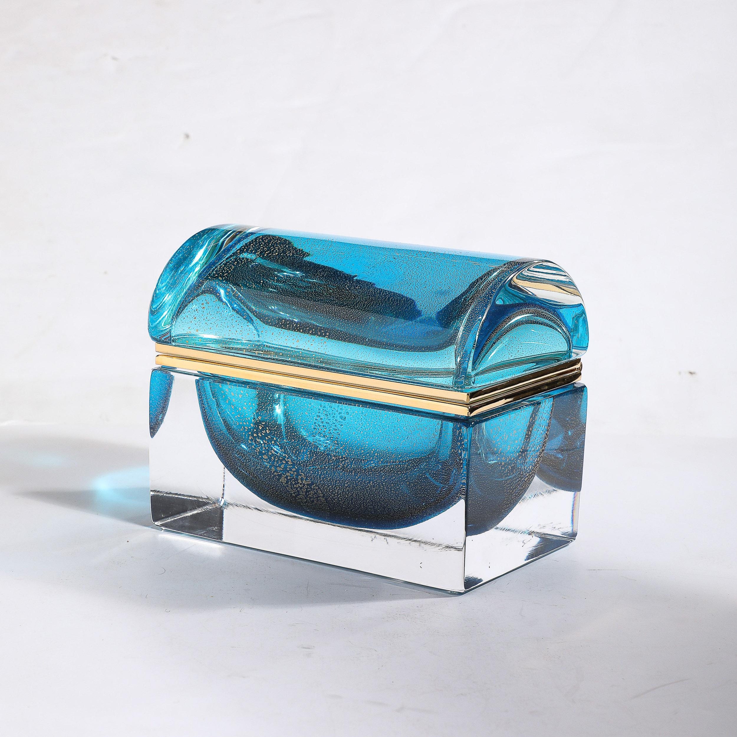 Italian Modernist Hand-Blown Murano Glass Box in Aquamarine w/ 24 Karat Gold Flecks For Sale