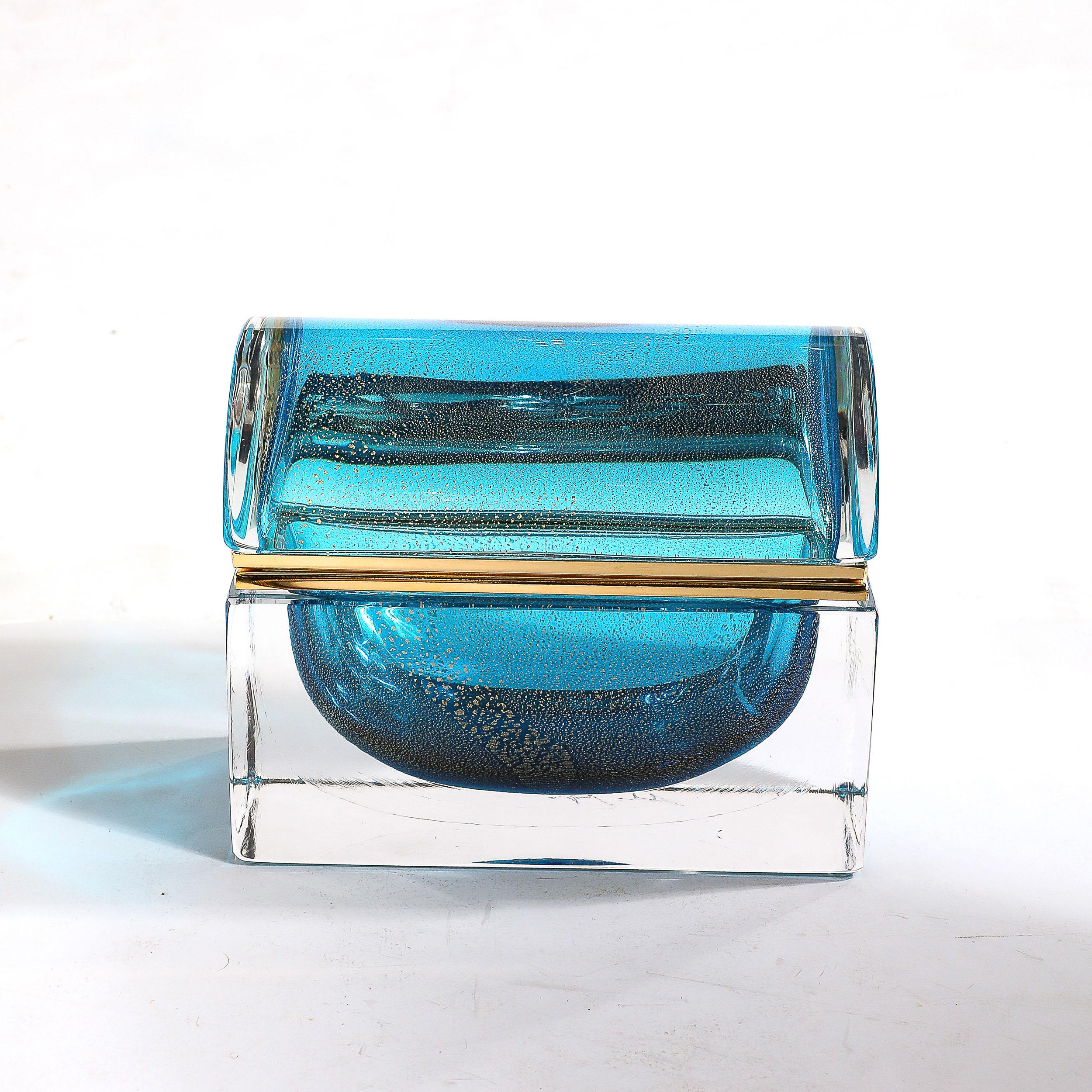 Contemporary Modernist Hand-Blown Murano Glass Box in Aquamarine w/ 24 Karat Gold Flecks For Sale