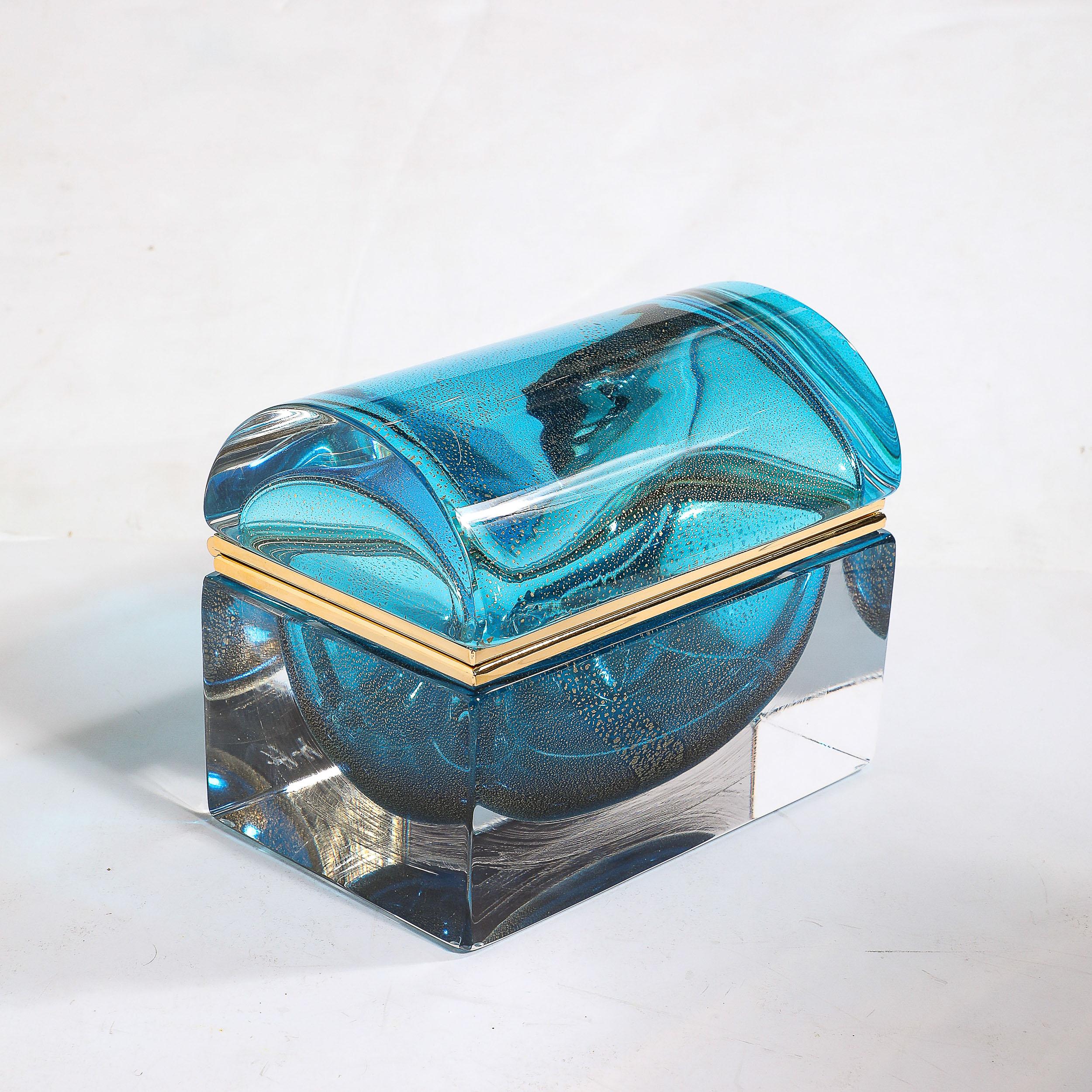Brass Modernist Hand-Blown Murano Glass Box in Aquamarine w/ 24 Karat Gold Flecks For Sale