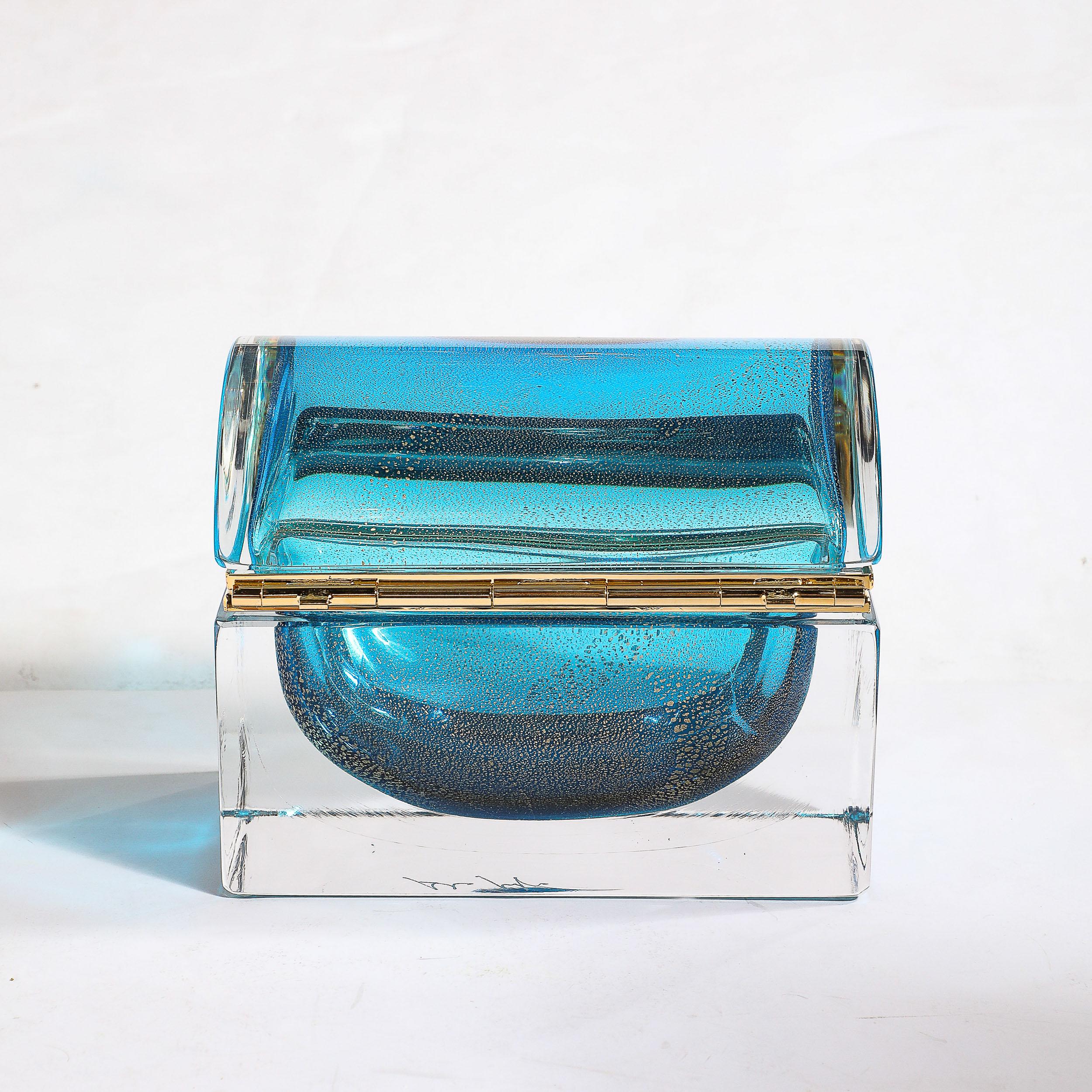 Modernist Hand-Blown Murano Glass Box in Aquamarine w/ 24 Karat Gold Flecks For Sale 2