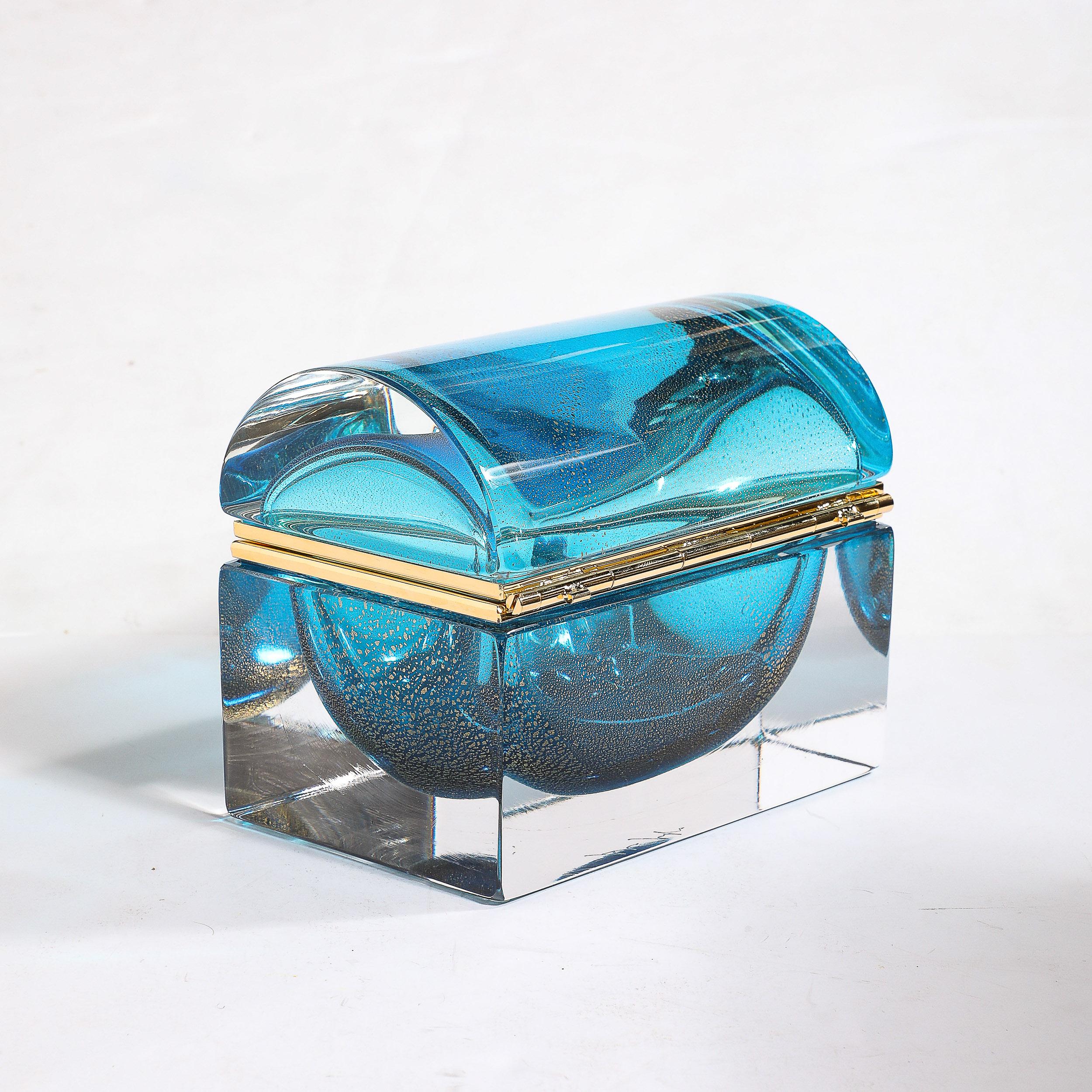 Modernist Hand-Blown Murano Glass Box in Aquamarine w/ 24 Karat Gold Flecks For Sale 3