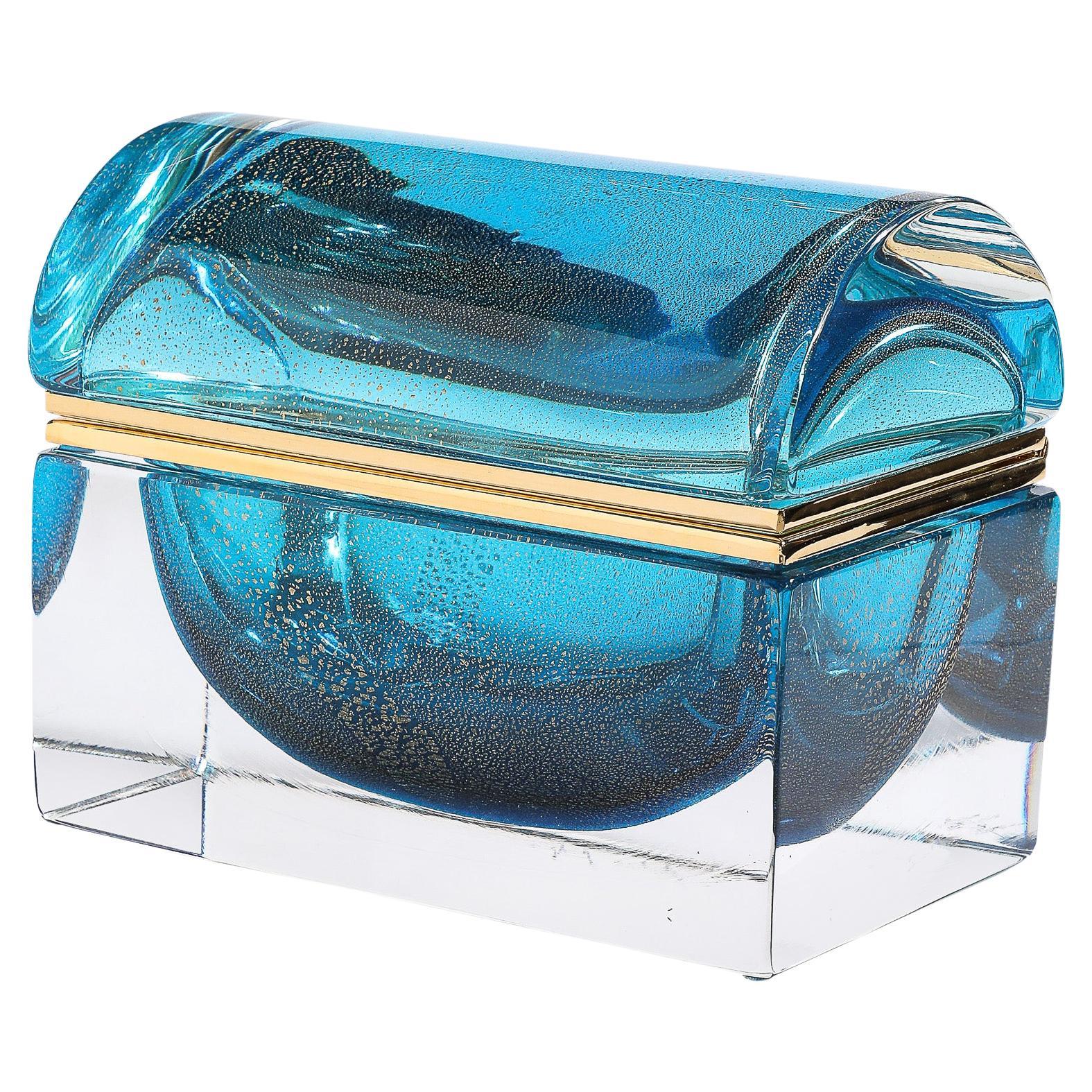 Modernist Hand-Blown Murano Glass Box in Aquamarine w/ 24 Karat Gold Flecks For Sale