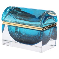 Boîte moderniste en verre de Murano soufflé à la main en aigue-marine avec touches d'or 24 carats