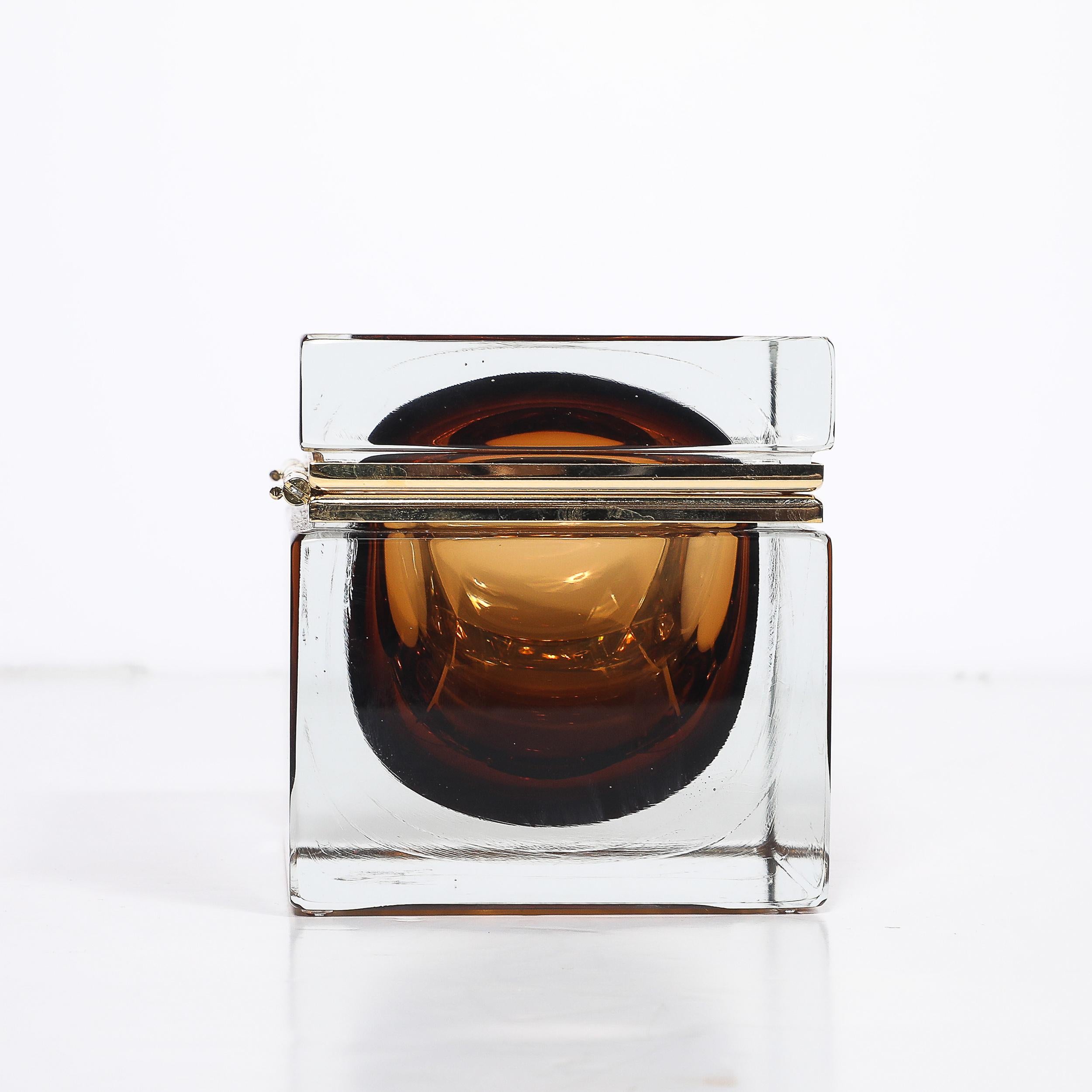 Modernist Hand-Blown Murano Glass Box in Tobacco  W/ Polished Brass Fittings For Sale 7
