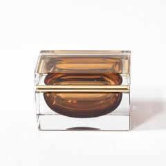 Modernist Hand-Blown Murano Glass Box in Tobacco  W/ Polished Brass Fittings