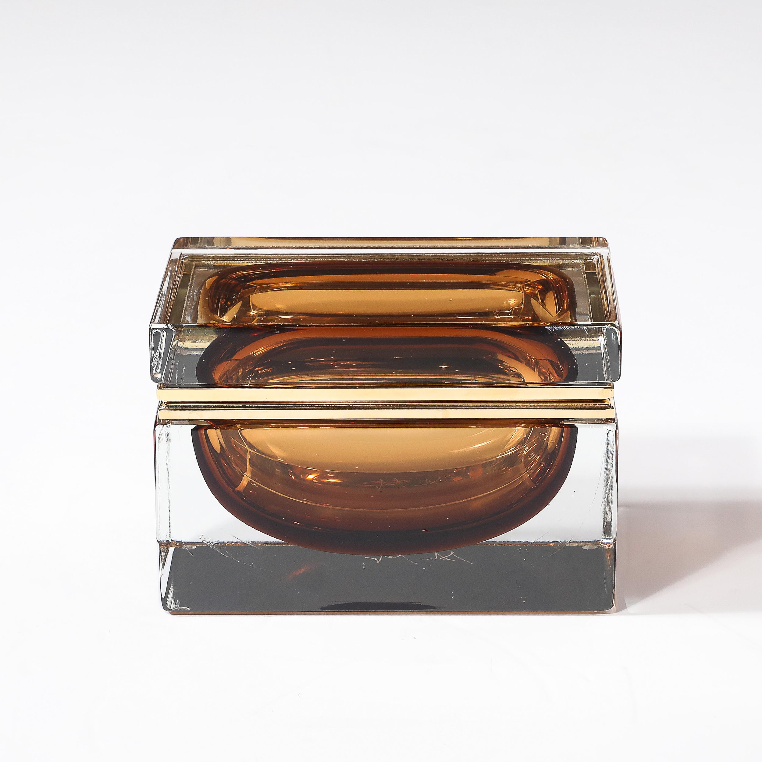 Italian Modernist Hand-Blown Murano Glass Box in Tobacco  W/ Polished Brass Fittings For Sale
