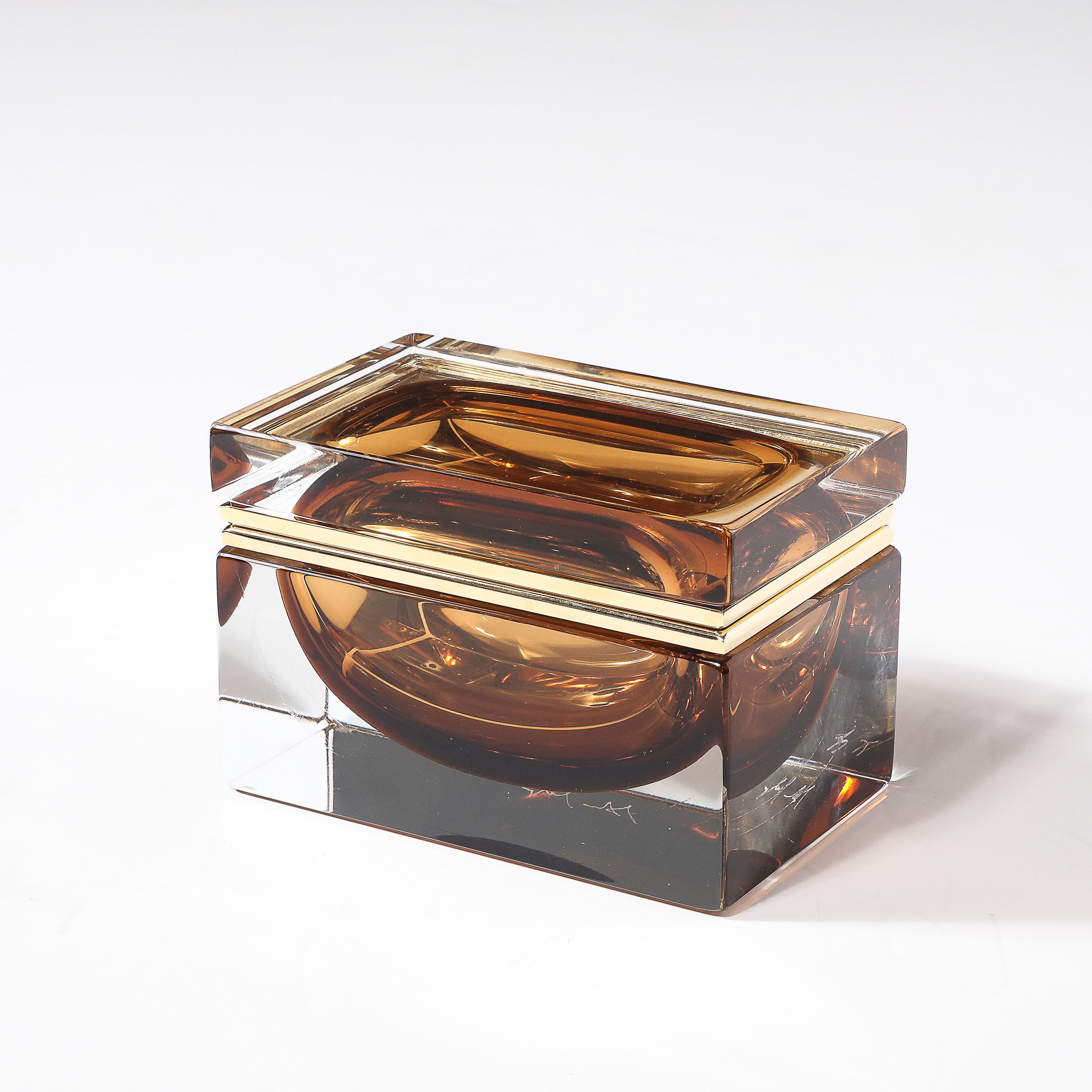 Modernist Hand-Blown Murano Glass Box in Tobacco  W/ Polished Brass Fittings In New Condition For Sale In New York, NY