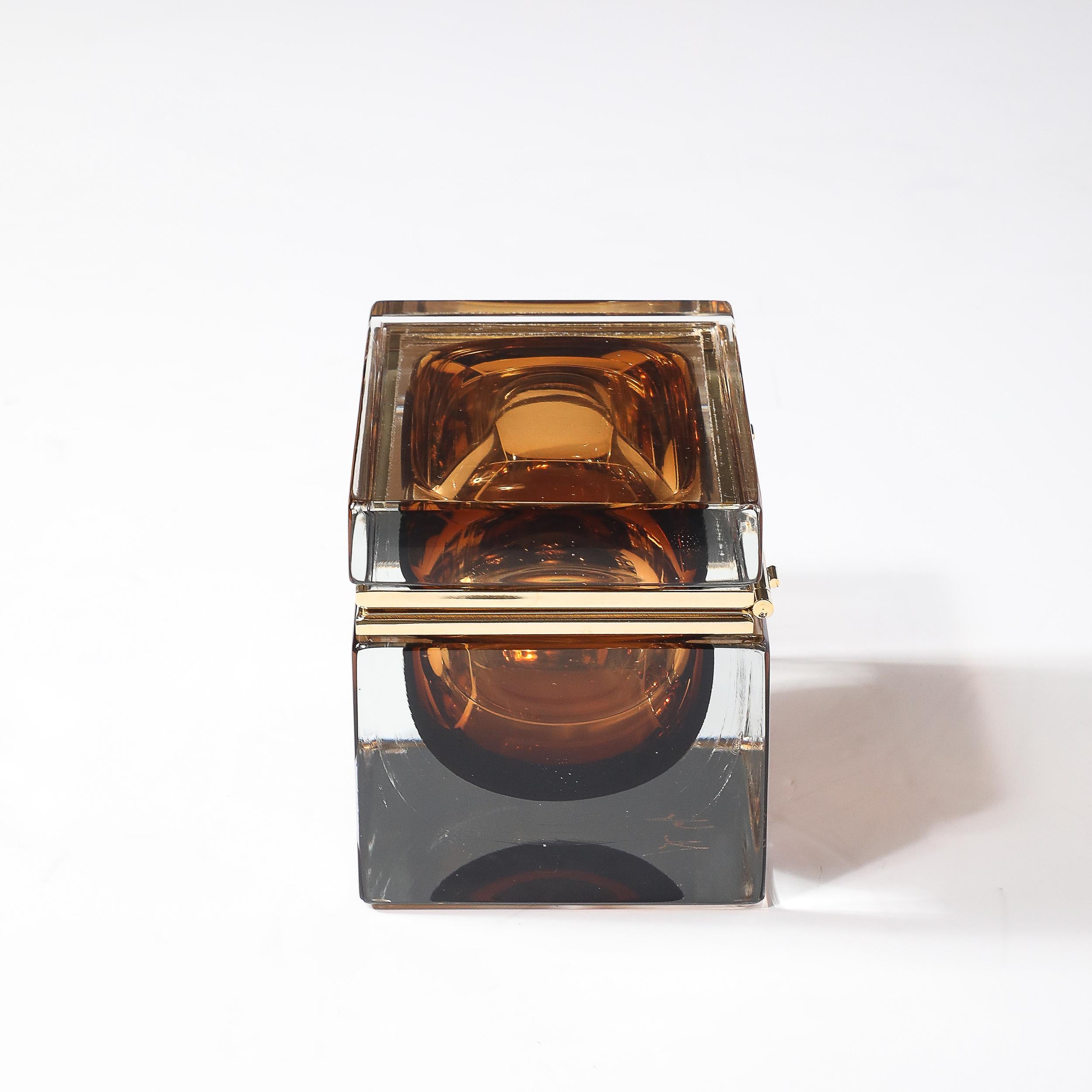 Contemporary Modernist Hand-Blown Murano Glass Box in Tobacco  W/ Polished Brass Fittings For Sale