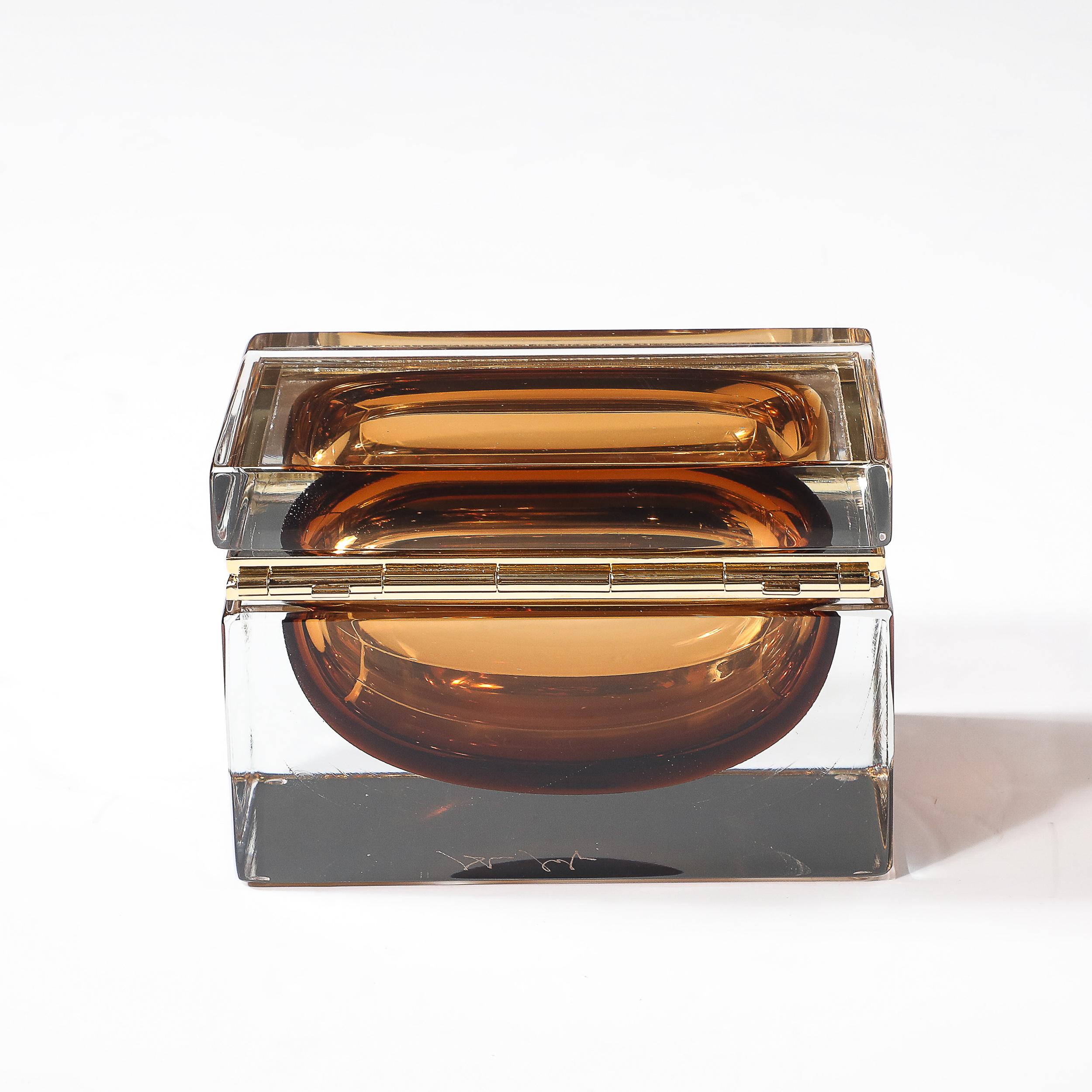 Modernist Hand-Blown Murano Glass Box in Tobacco  W/ Polished Brass Fittings For Sale 1