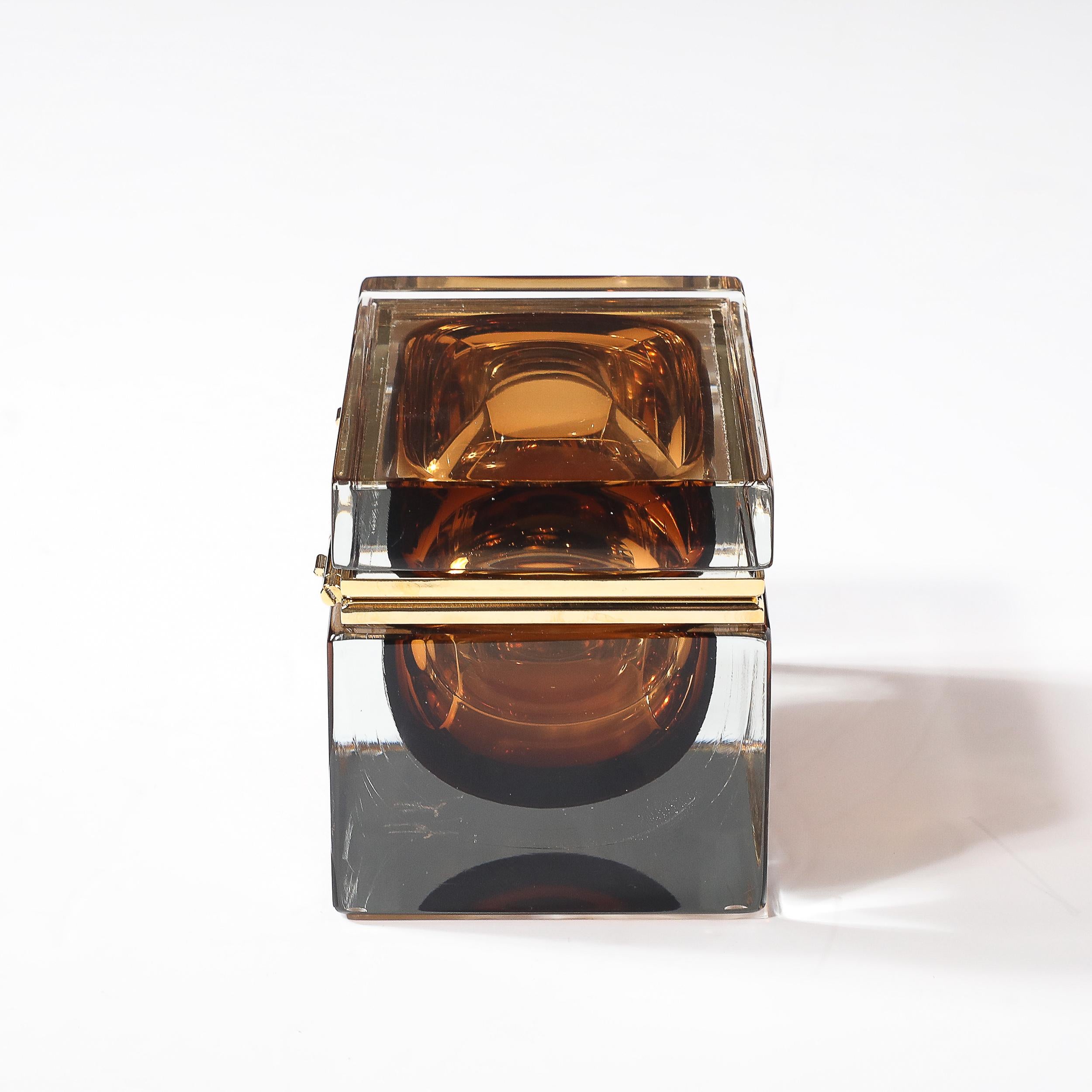 Modernist Hand-Blown Murano Glass Box in Tobacco  W/ Polished Brass Fittings For Sale 2