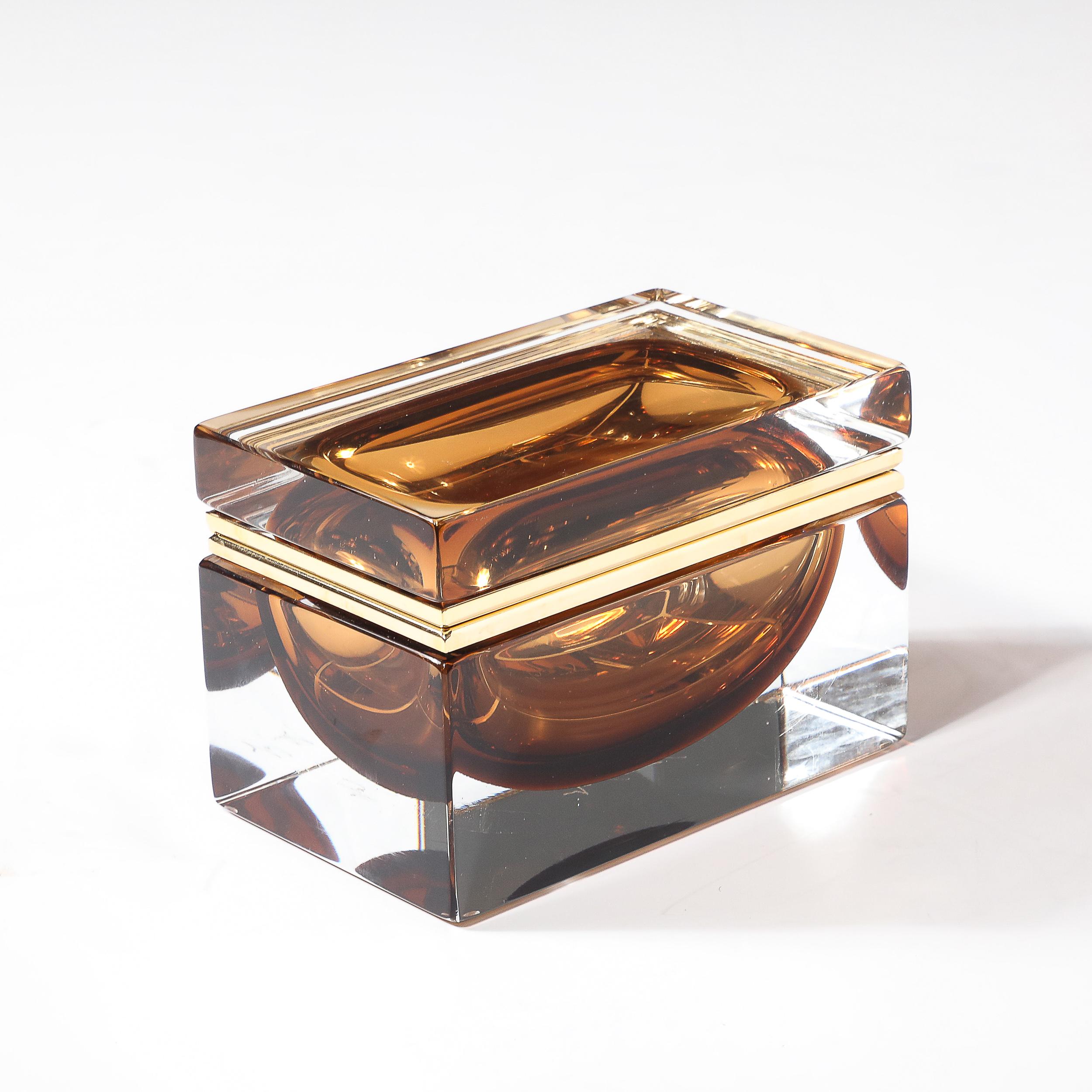 Modernist Hand-Blown Murano Glass Box in Tobacco  W/ Polished Brass Fittings For Sale 3