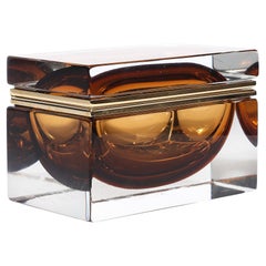 Modernist Hand-Blown Murano Glass Box in Tobacco  W/ Polished Brass Fittings