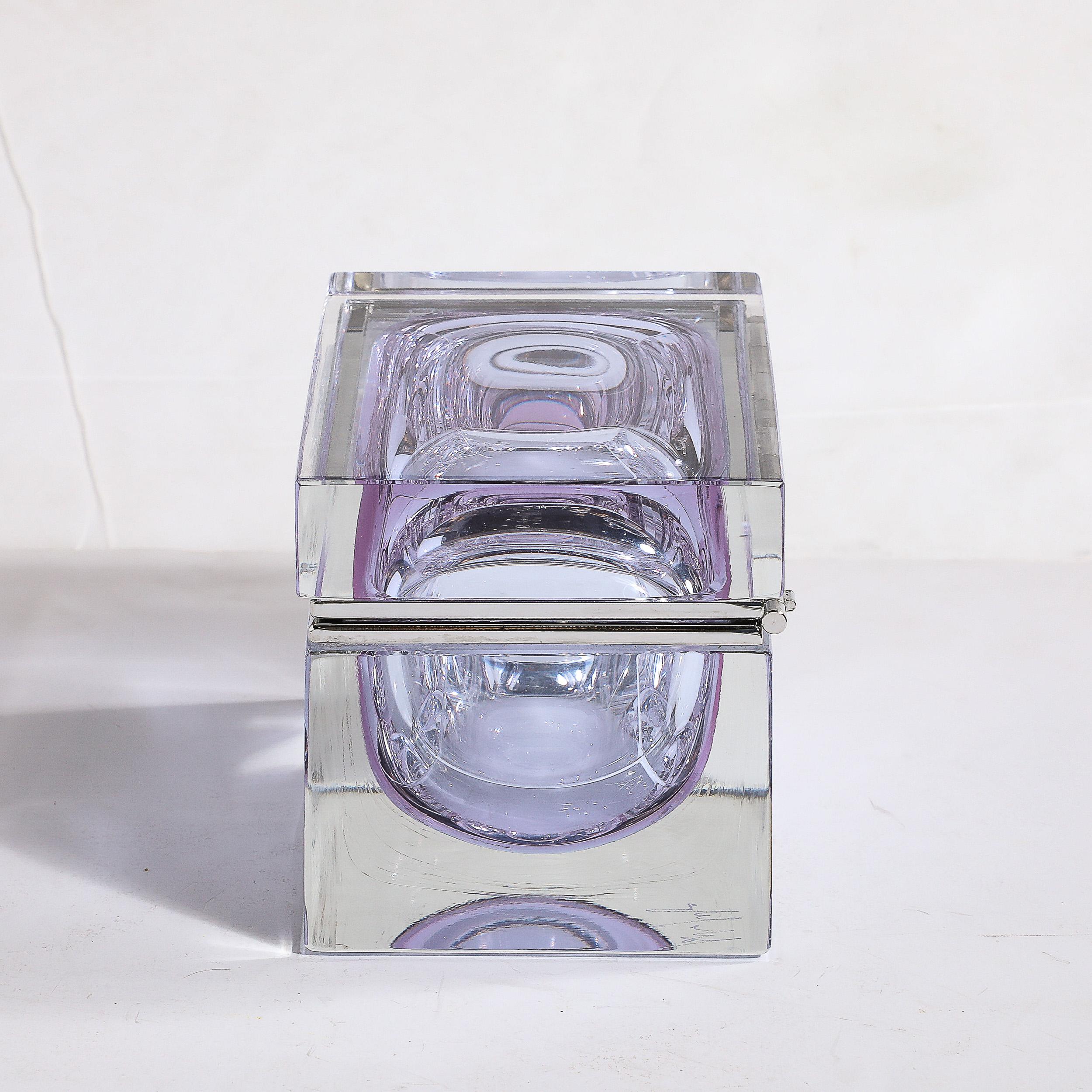 Modernistische Dose aus mundgeblasenem Murano-Glas in Lavendel mit Nickel-Beschlägen im Angebot 3