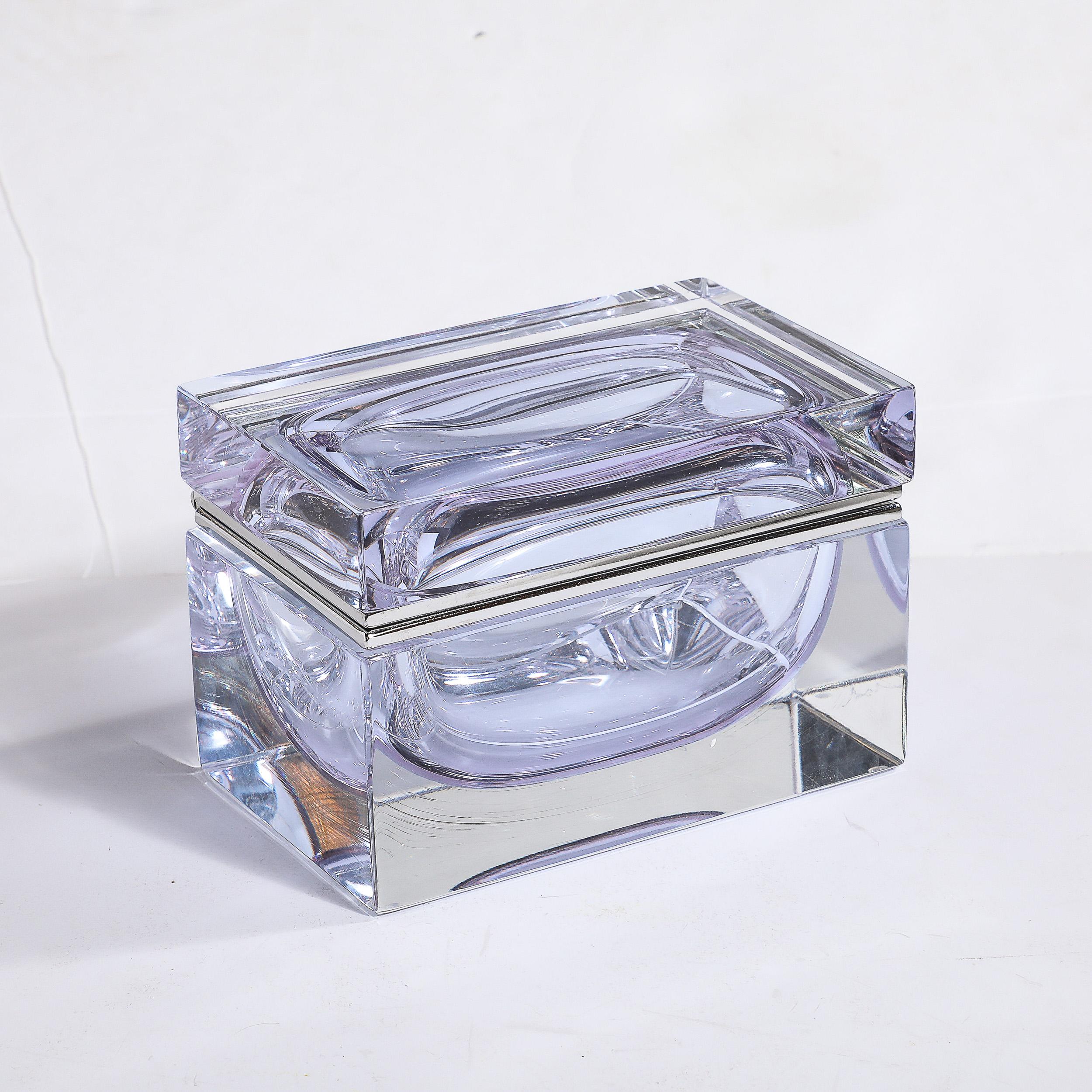 Modernistische Dose aus mundgeblasenem Murano-Glas in Lavendel mit Nickel-Beschlägen (Italienisch) im Angebot