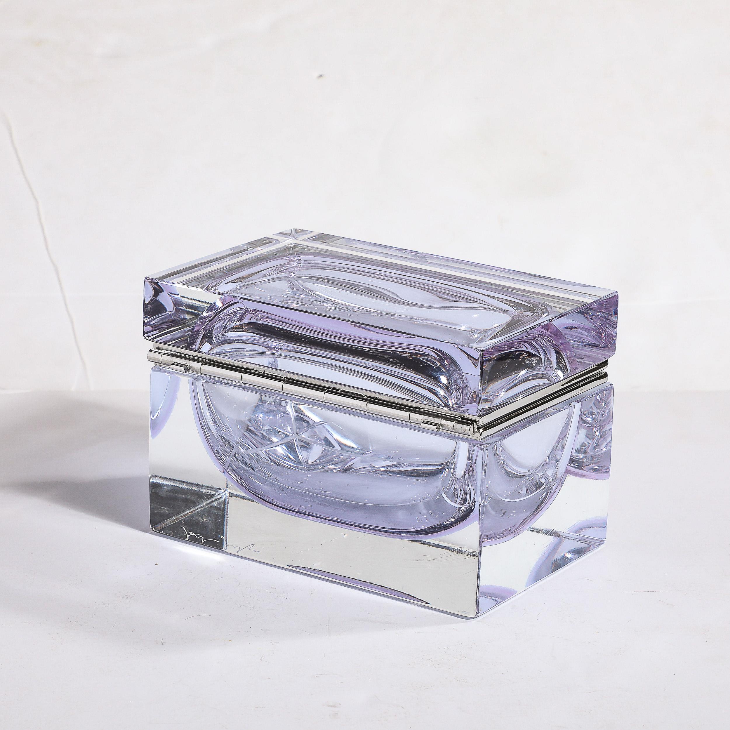 Modernistische Dose aus mundgeblasenem Murano-Glas in Lavendel mit Nickel-Beschlägen (Muranoglas) im Angebot
