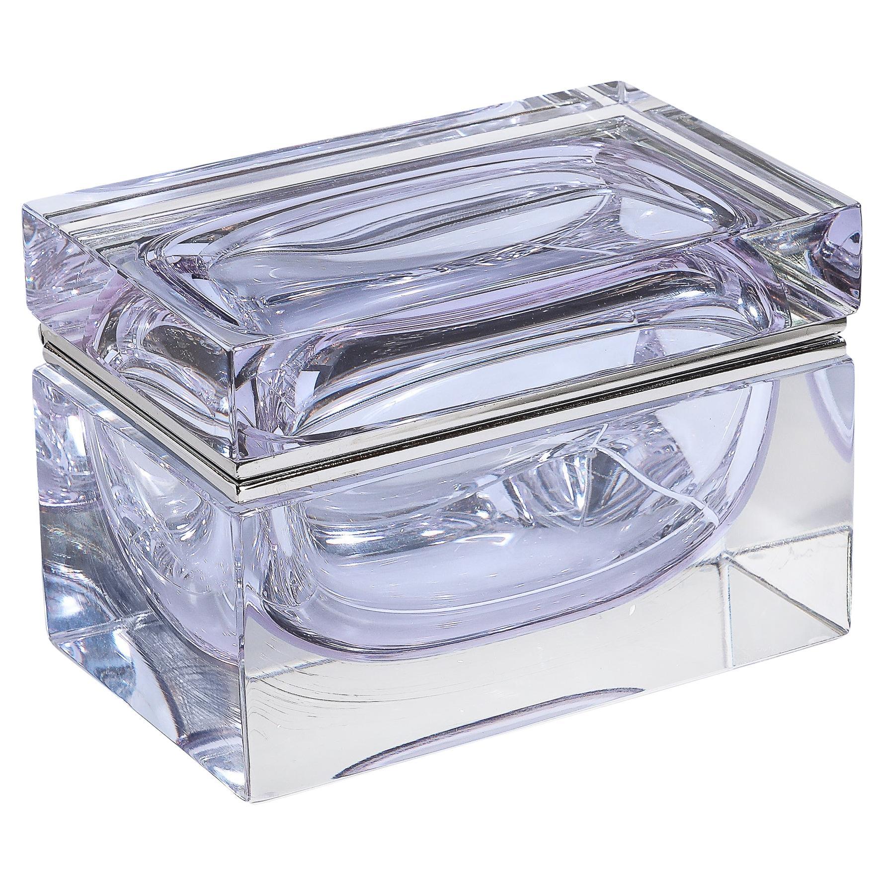 Modernistische Dose aus mundgeblasenem Murano-Glas in Lavendel mit Nickel-Beschlägen im Angebot