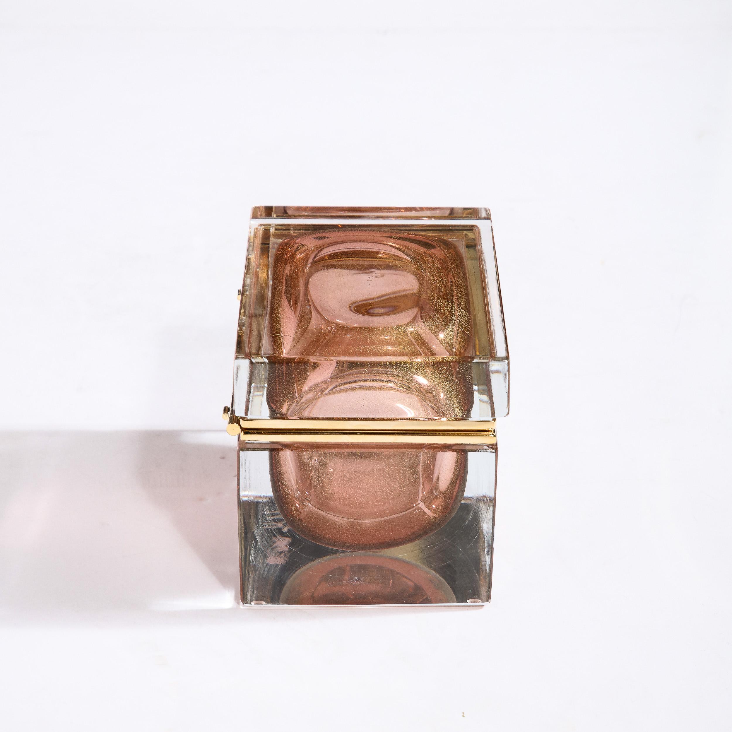 Italian Modernist Hand Blown Murano Glass Box in Smoked Bronze with Brass Detailing For Sale