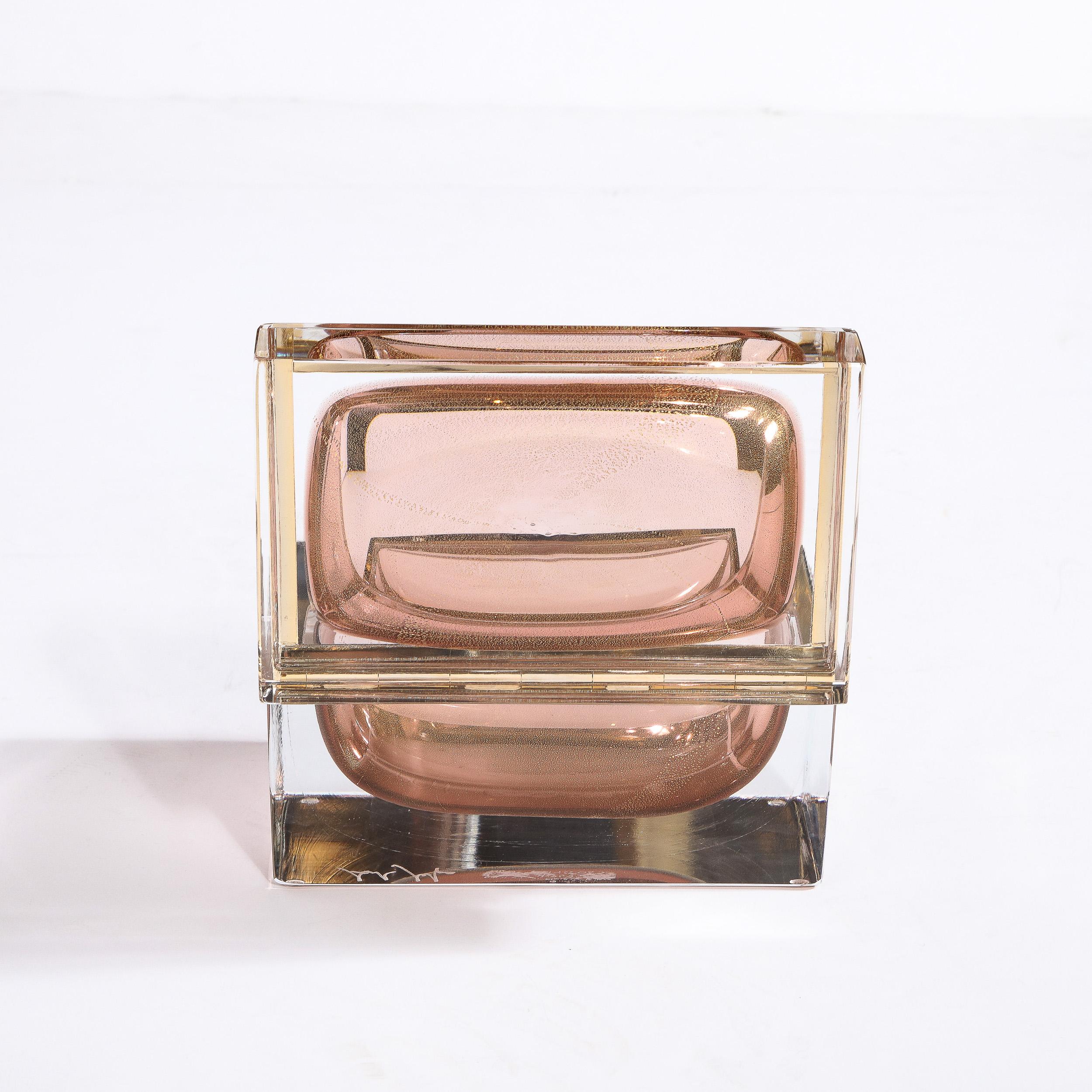 Contemporary Modernist Hand Blown Murano Glass Box in Smoked Bronze with Brass Detailing For Sale