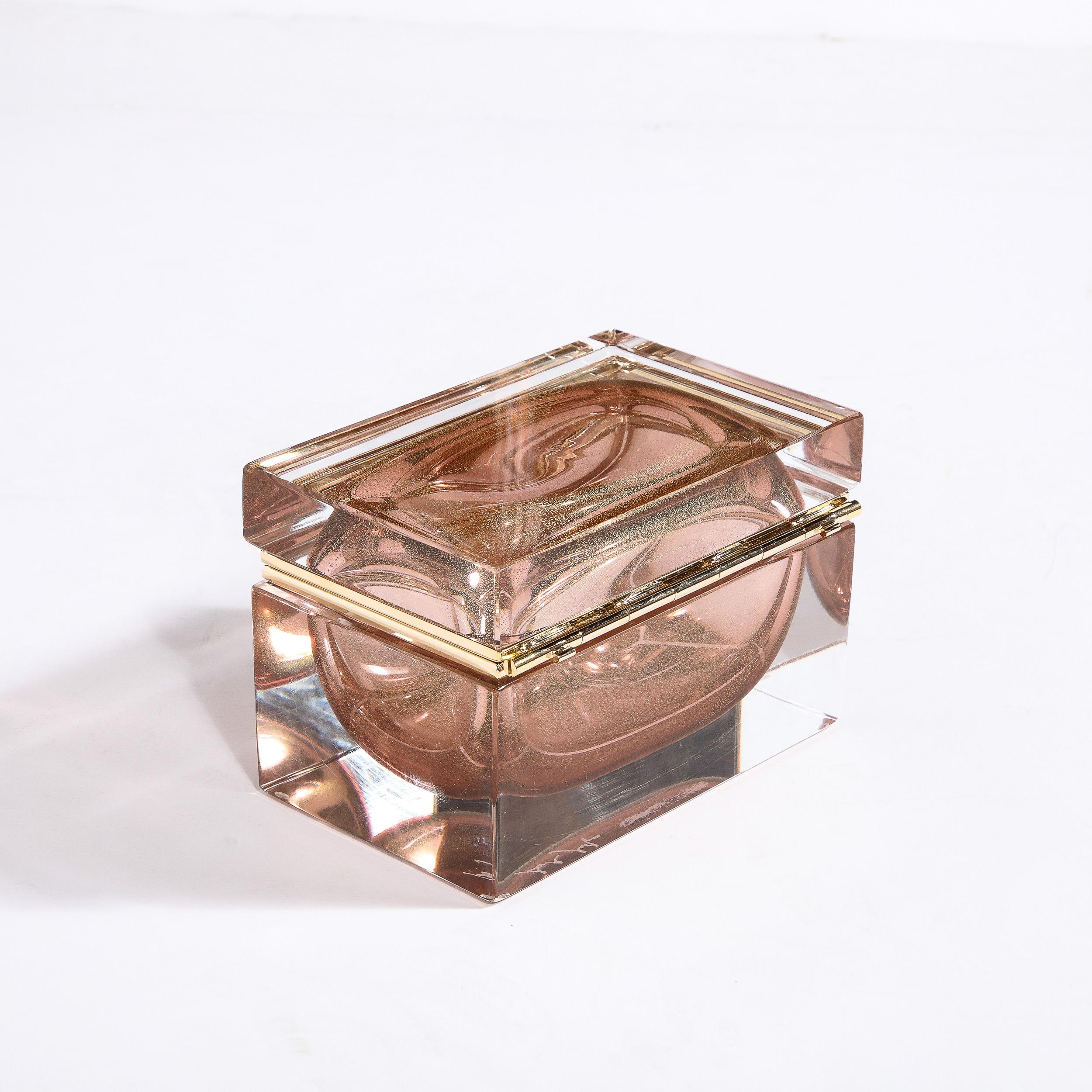 Modernist Hand Blown Murano Glass Box in Smoked Bronze with Brass Detailing For Sale 1
