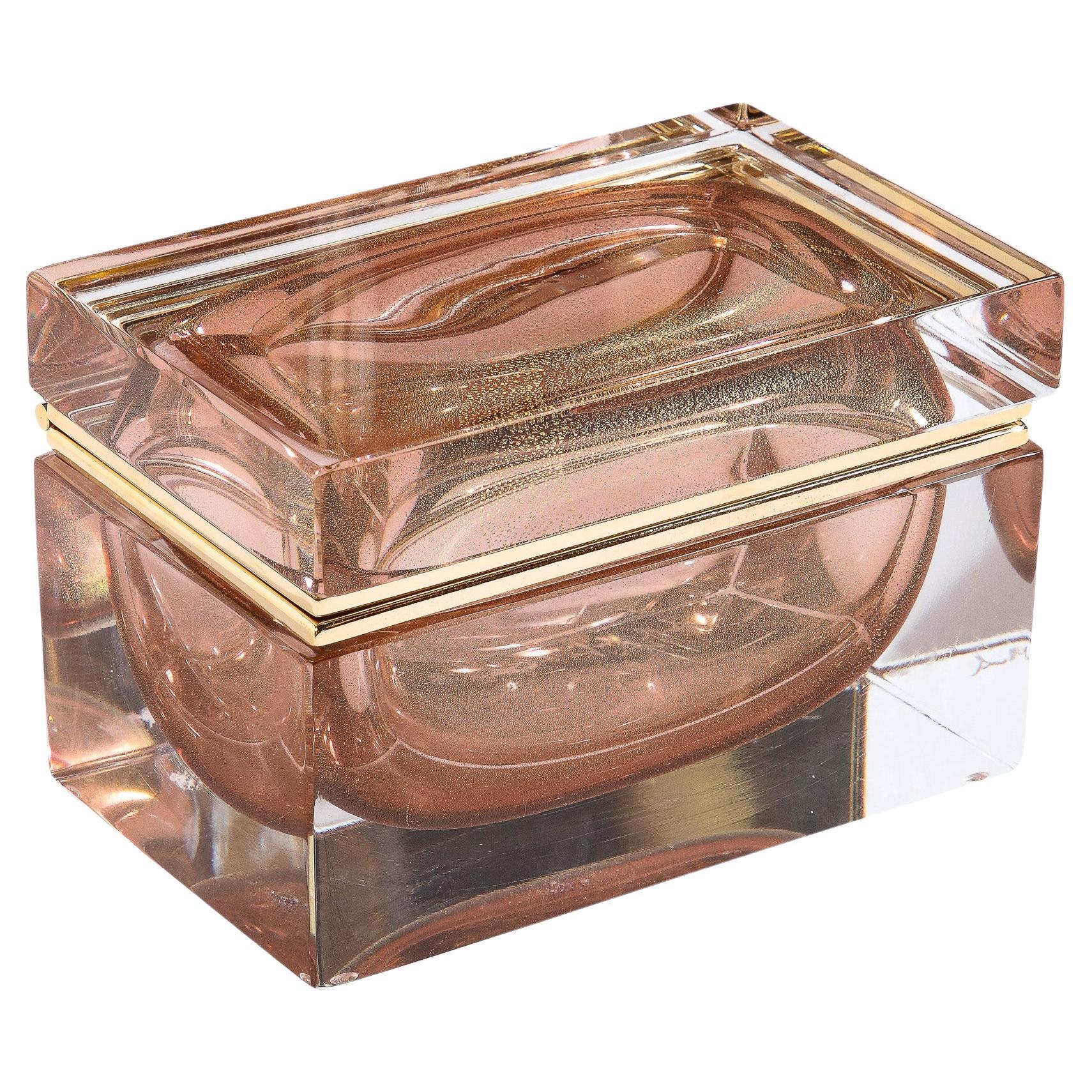 Modernist Hand Blown Murano Glass Box in Smoked Bronze with Brass Detailing