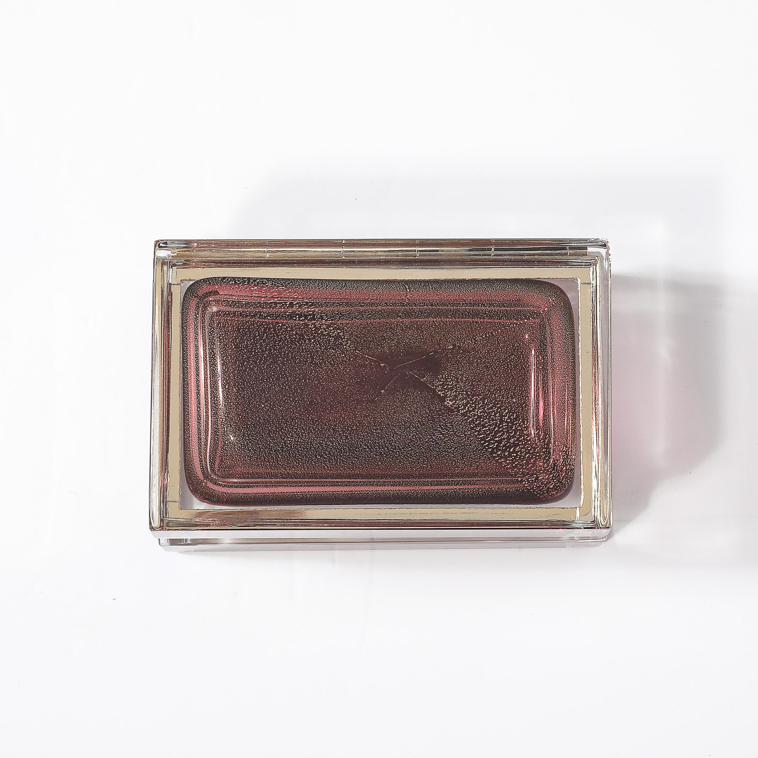 Italian Modernist Hand-Blown Murano Glass Box in Smoked Rose with 24 Karat Gold Flecks For Sale