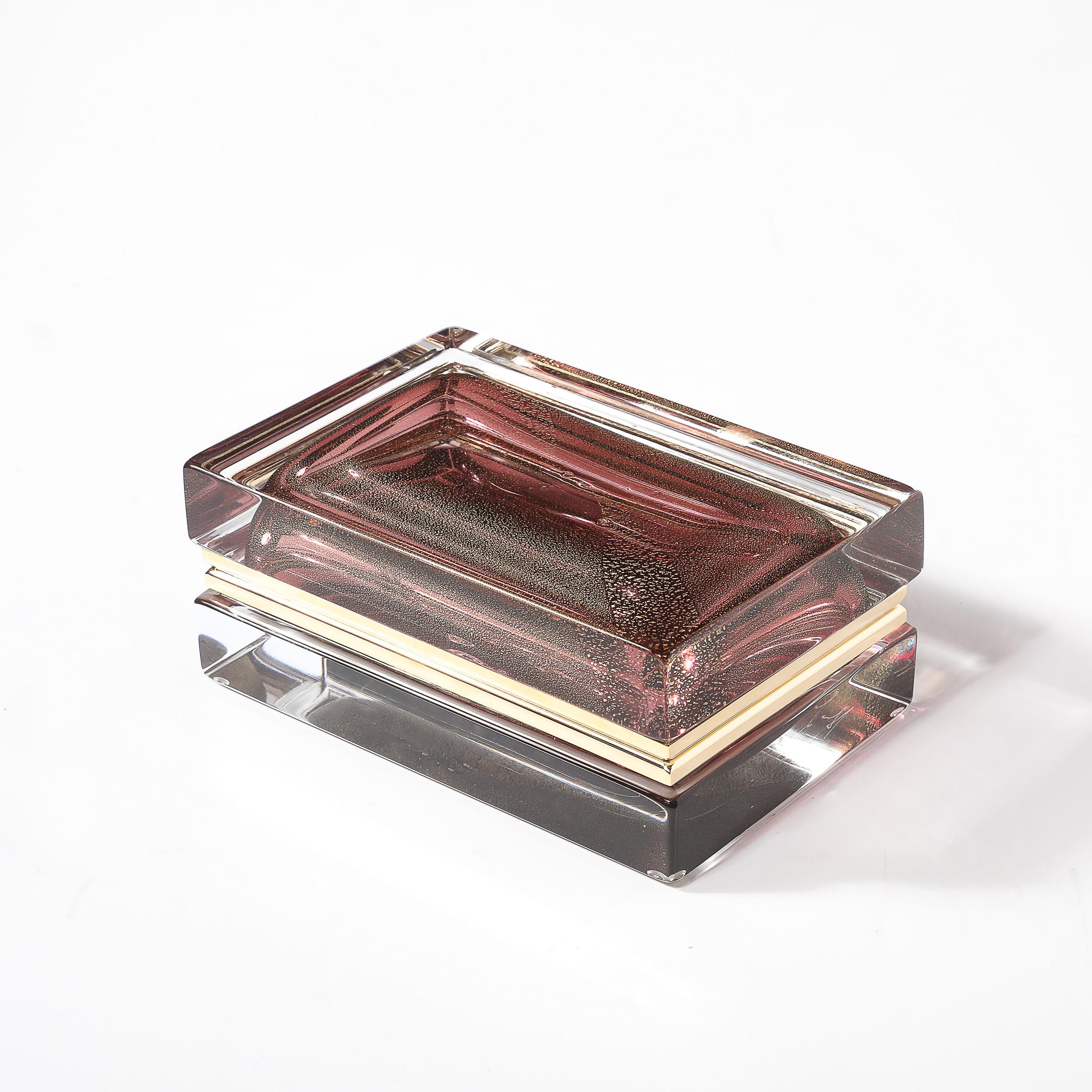 Contemporary Modernist Hand-Blown Murano Glass Box in Smoked Rose with 24 Karat Gold Flecks For Sale