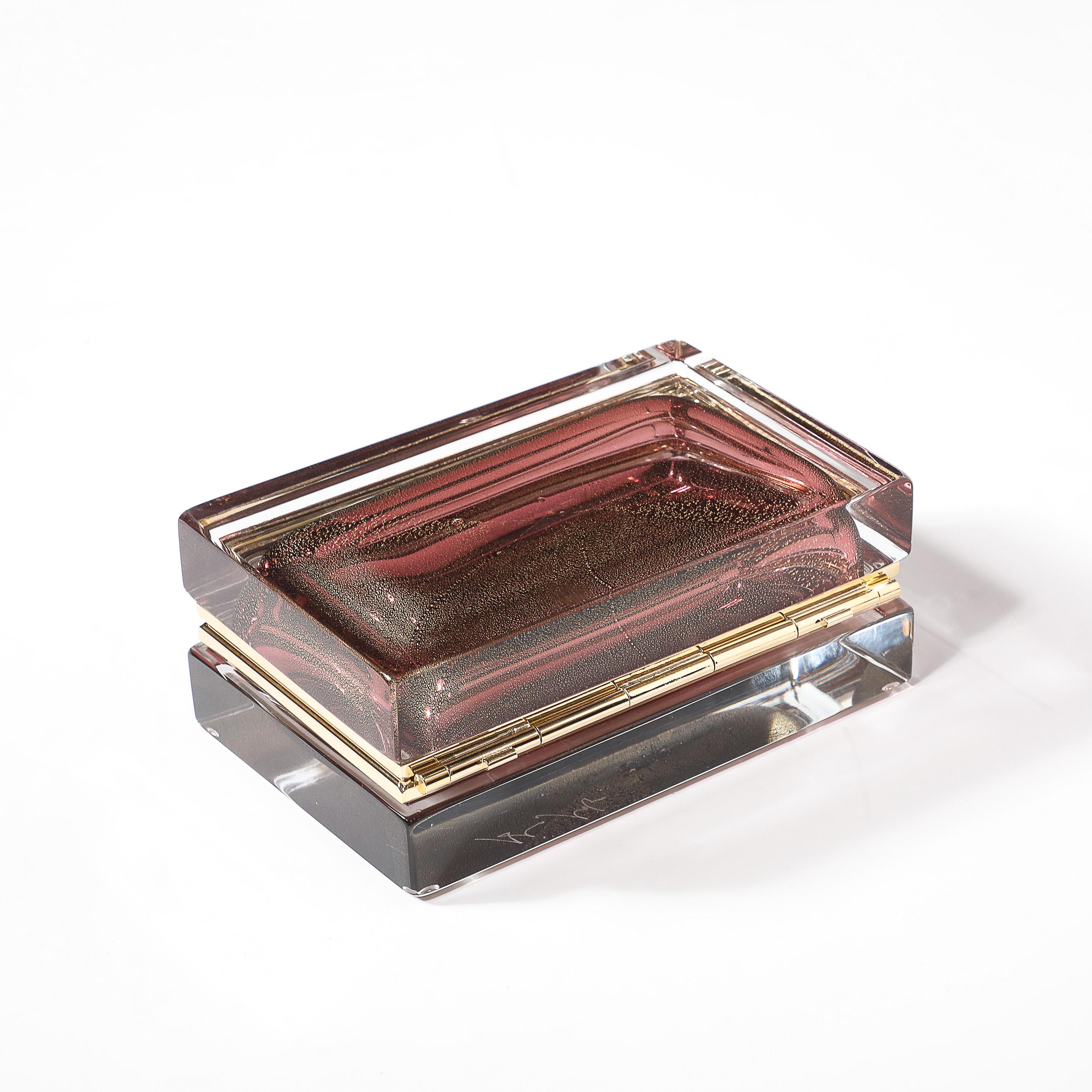 Modernist Hand-Blown Murano Glass Box in Smoked Rose with 24 Karat Gold Flecks For Sale 2