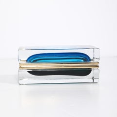 Modernist Hand-Blown Murano Glass Box in Ultramarine & Phthalo w/ Polished Brass
