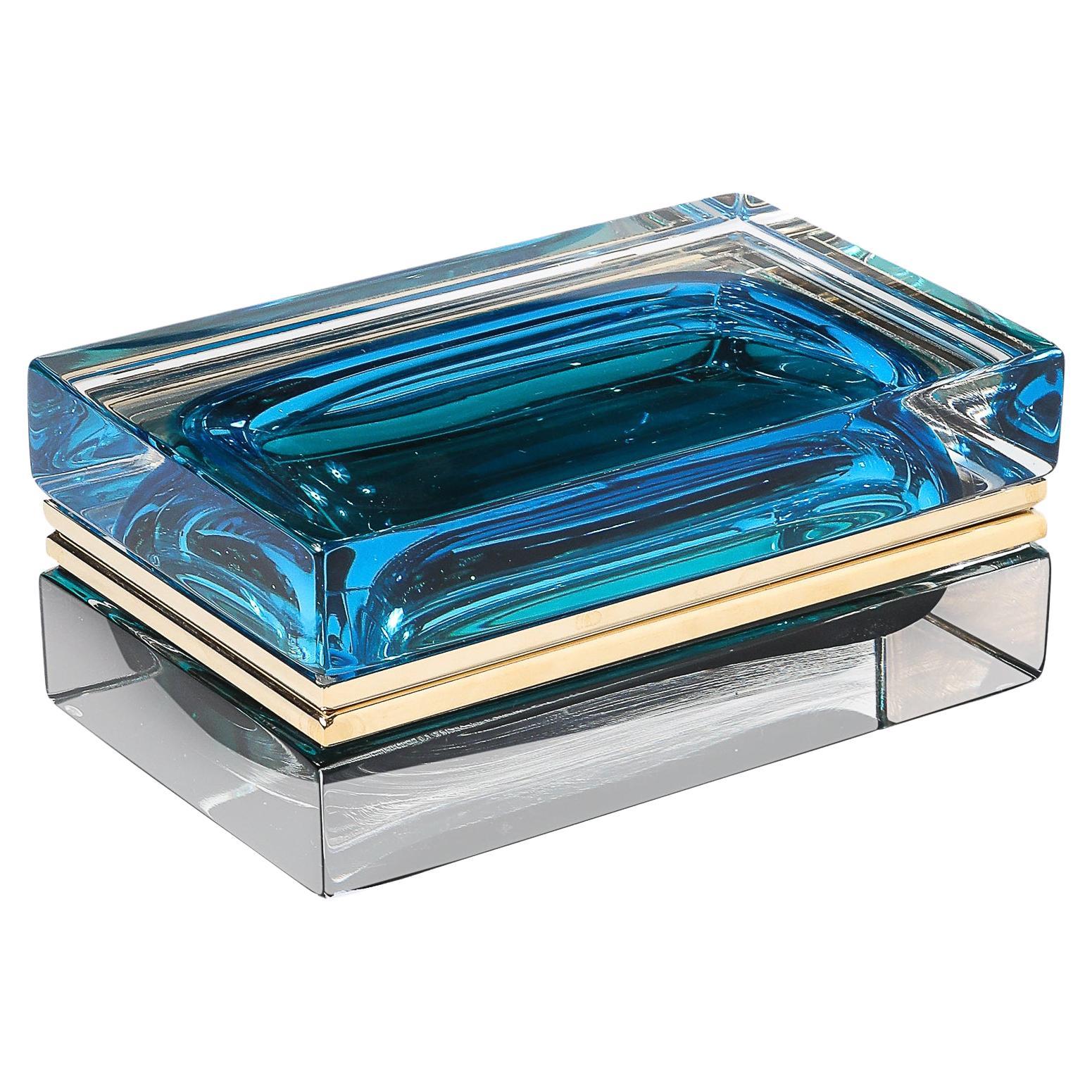 Modernist Hand-Blown Murano Glass Box in Ultramarine & Phthalo w/ Polished Brass