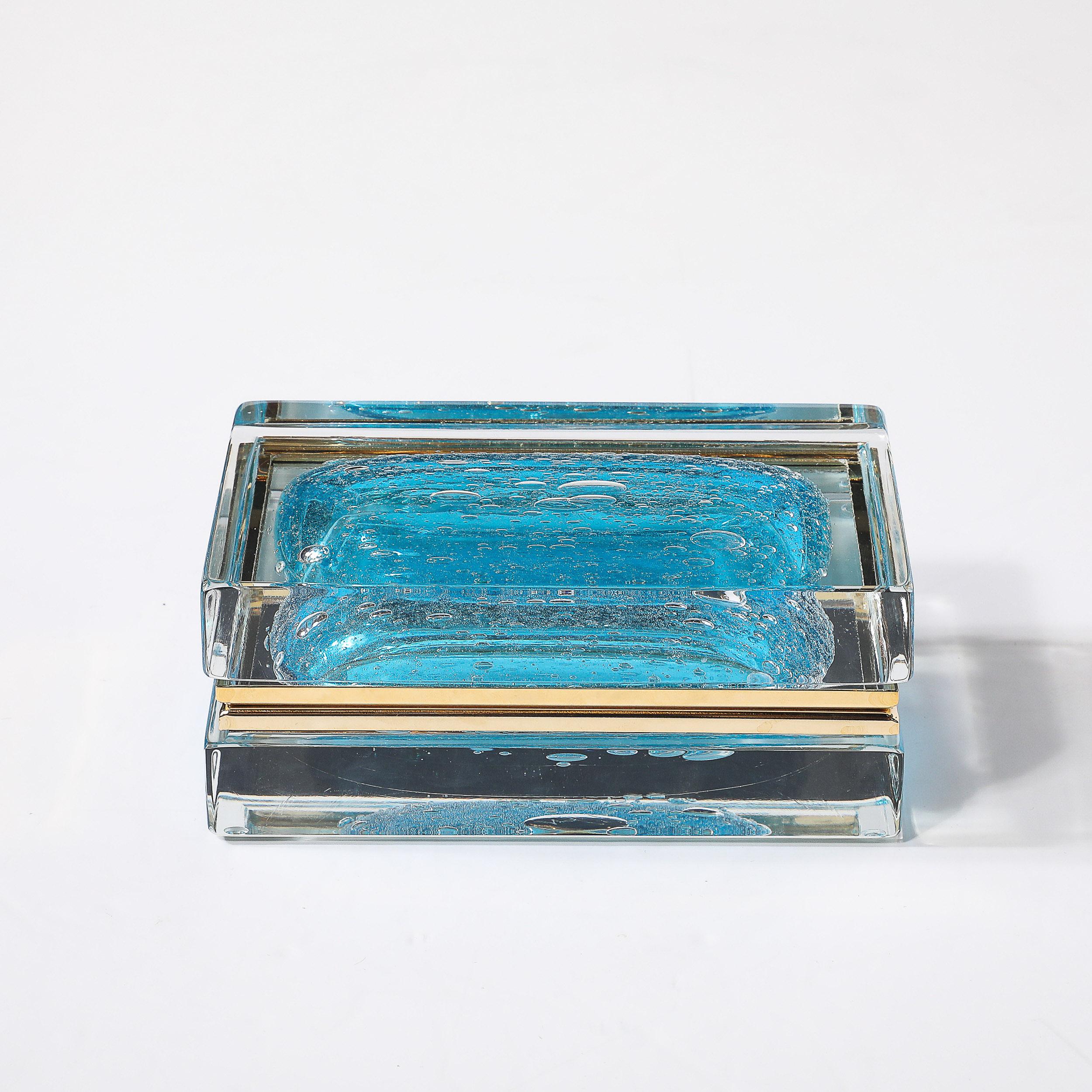 Italian Modernist Hand-Blown Murano Glass Box in Ultramarine W/ Pulegoso Detailing For Sale