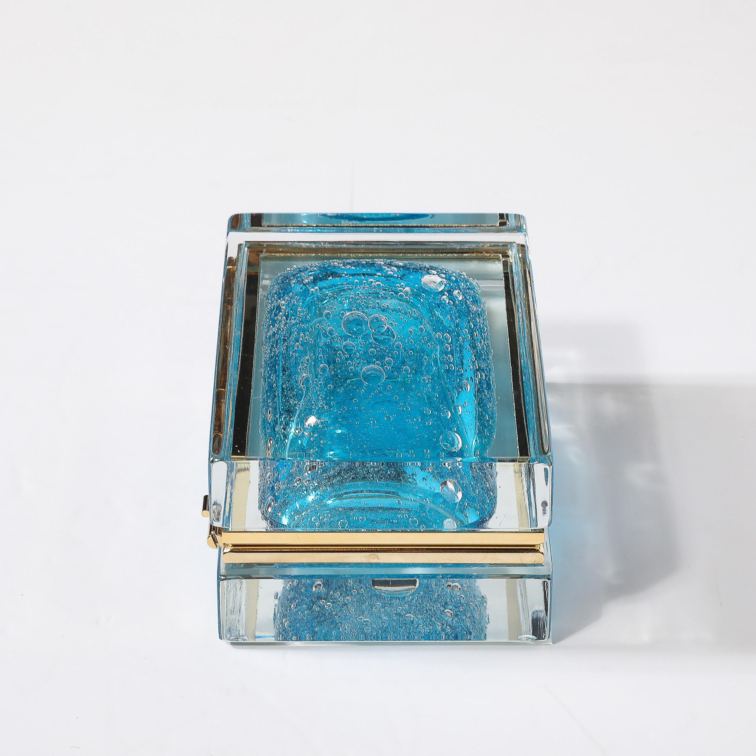Contemporary Modernist Hand-Blown Murano Glass Box in Ultramarine W/ Pulegoso Detailing For Sale