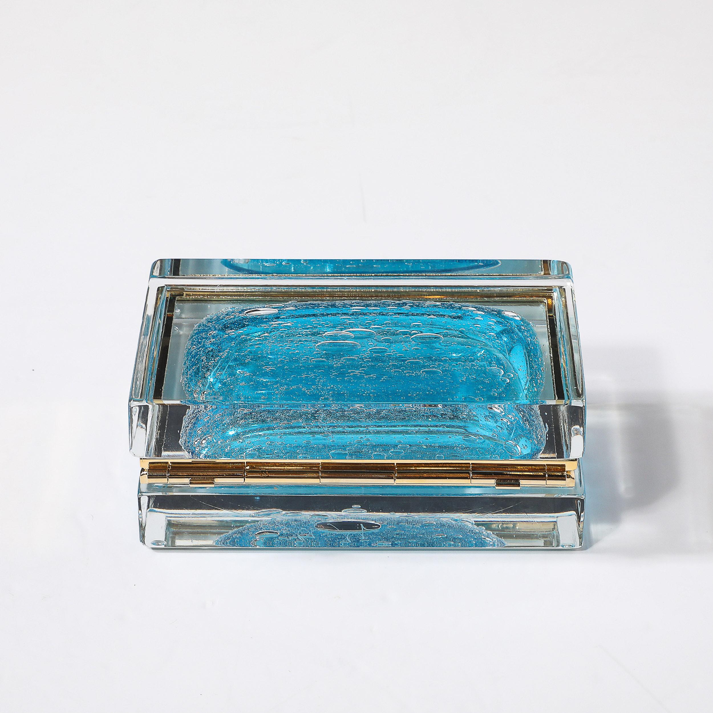 Brass Modernist Hand-Blown Murano Glass Box in Ultramarine W/ Pulegoso Detailing For Sale