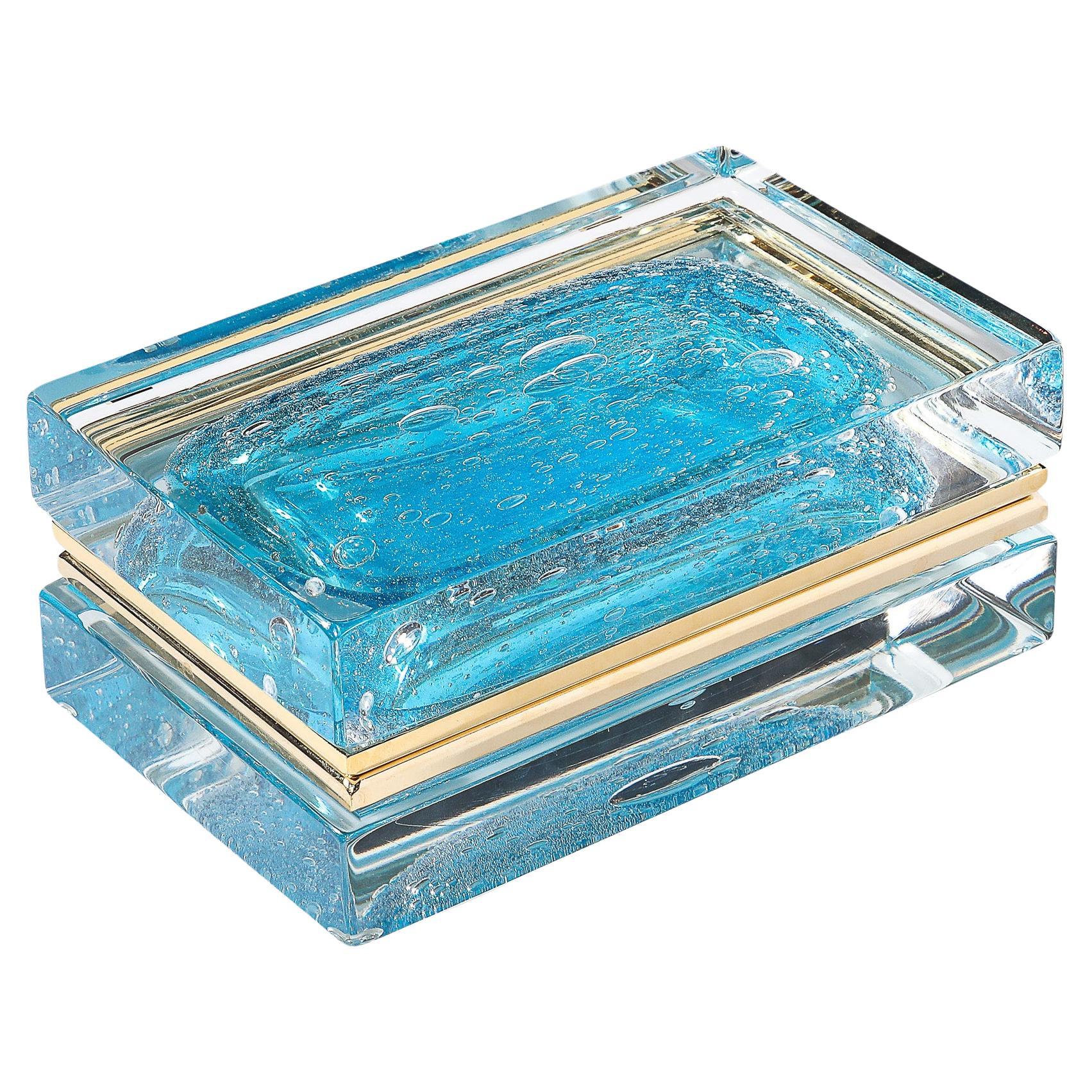 Modernist Hand-Blown Murano Glass Box in Ultramarine W/ Pulegoso Detailing