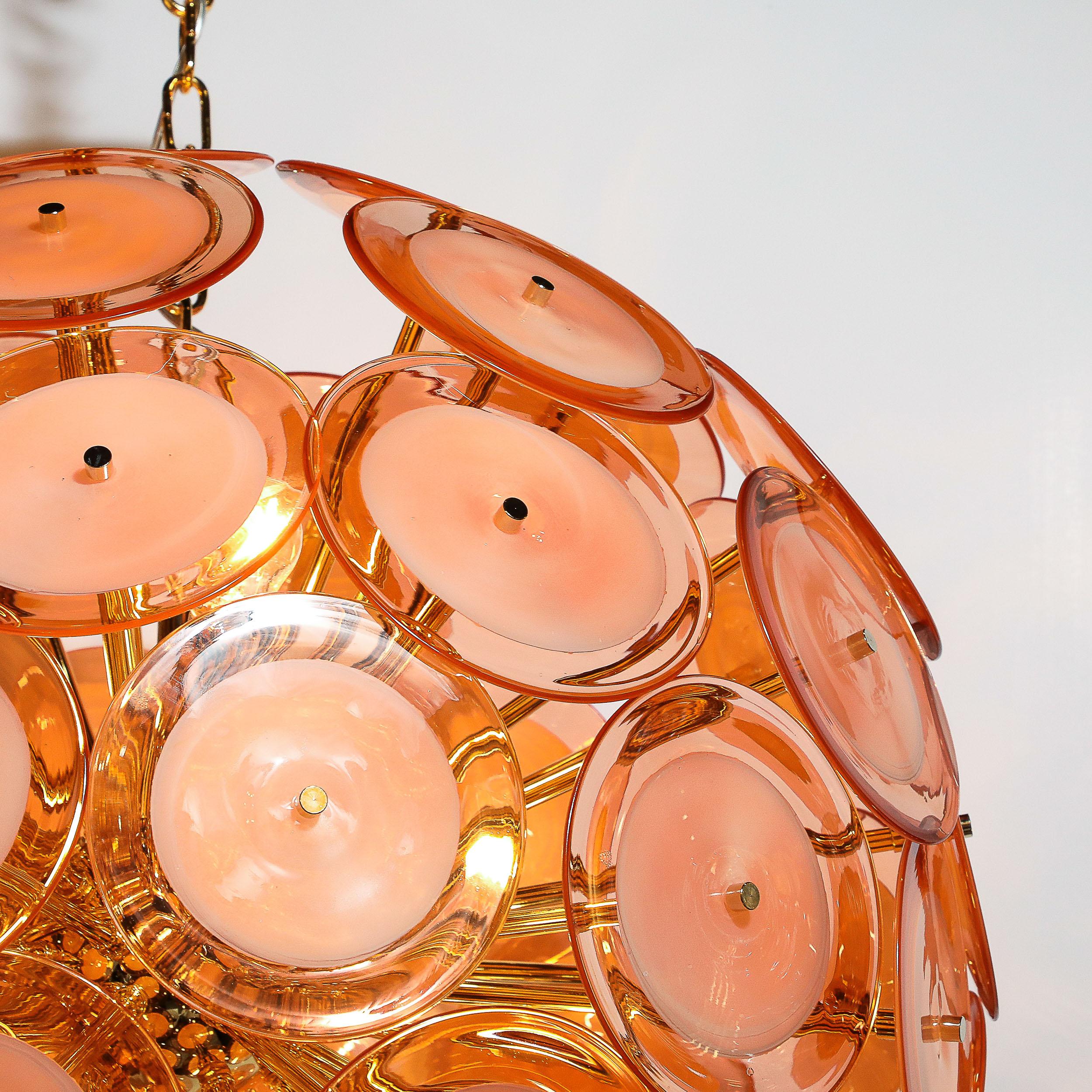 Lustre moderniste à disques en verre de Murano soufflé à la main en abricot fumé en vente 3