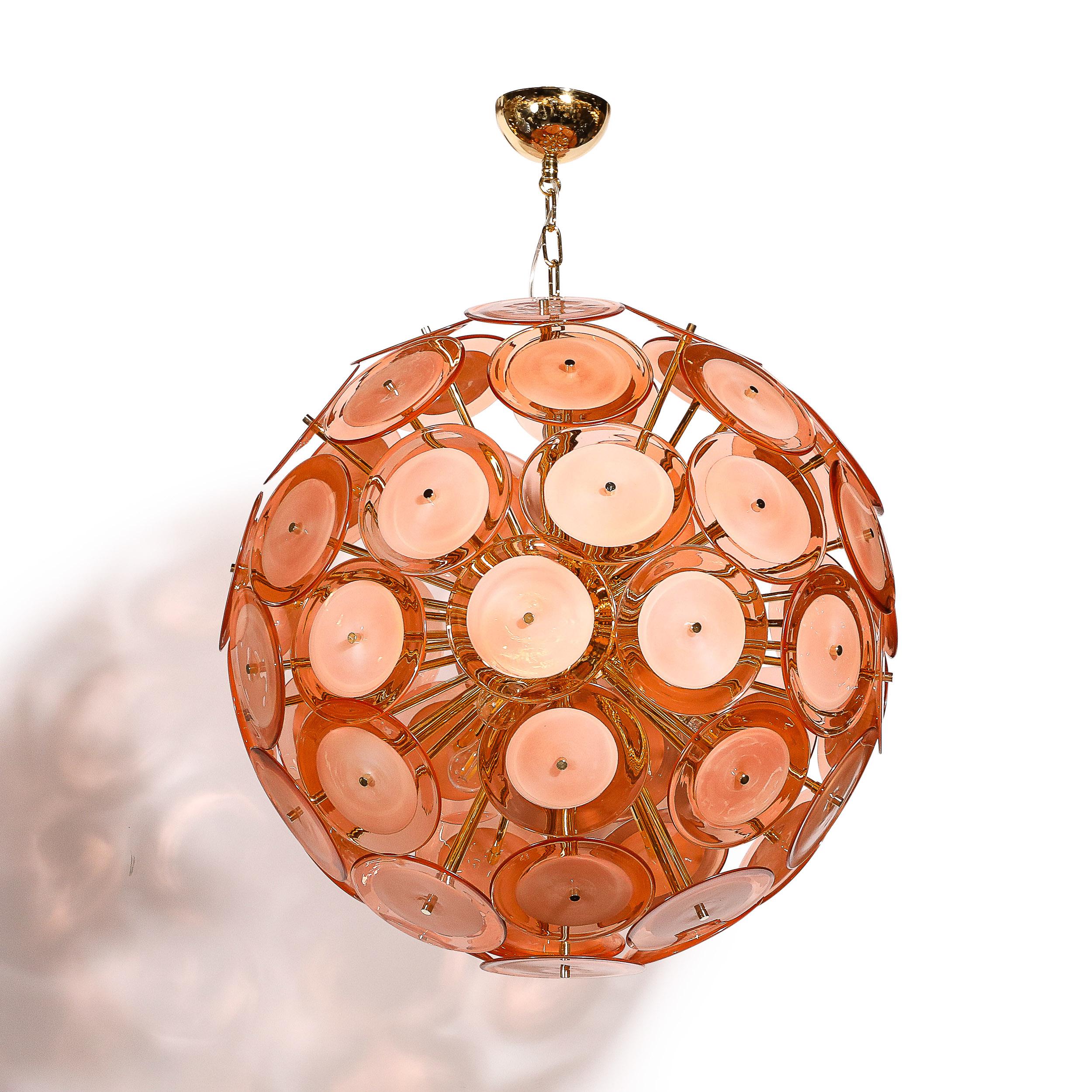 Lustre moderniste à disques en verre de Murano soufflé à la main en abricot fumé en vente 4