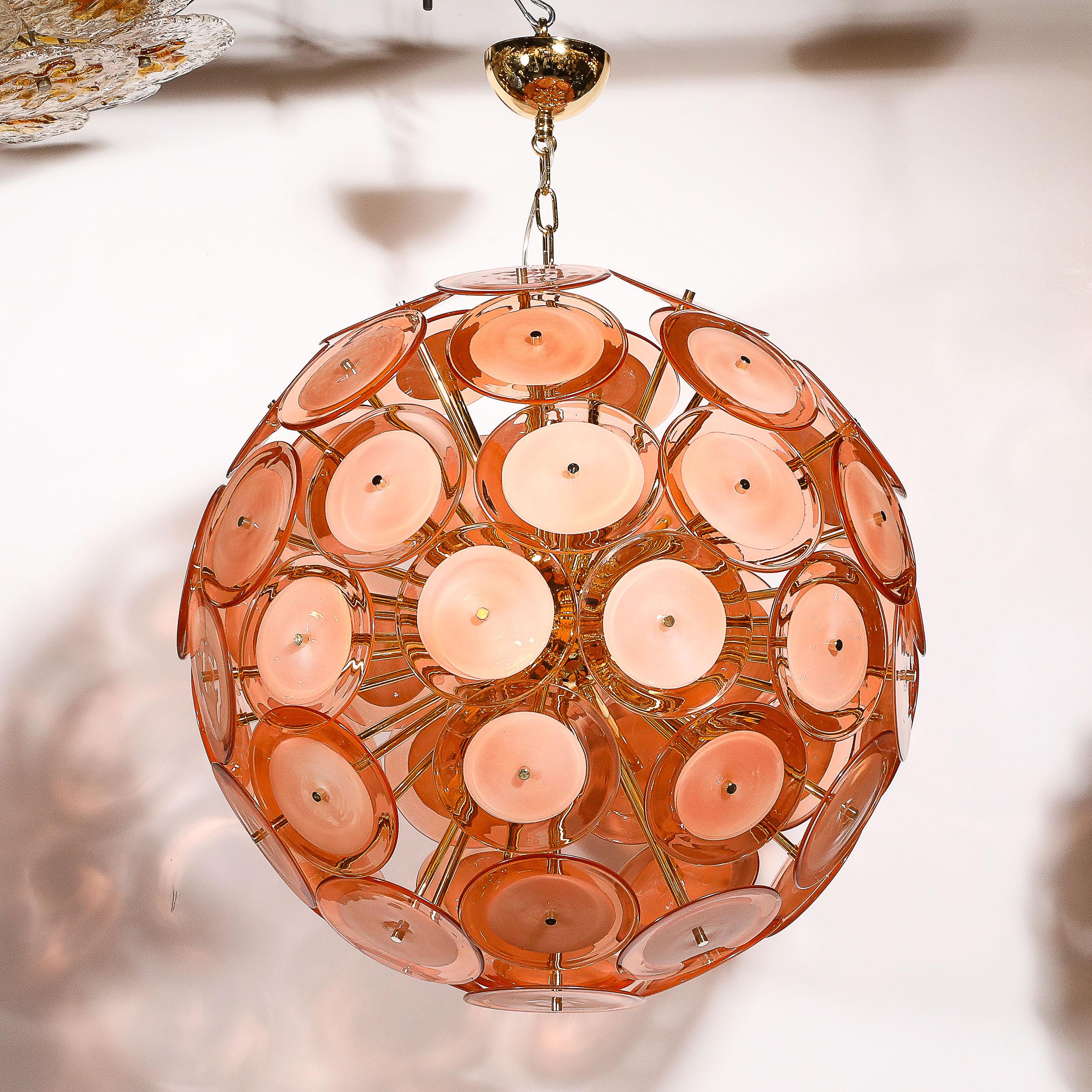 Lustre moderniste à disques en verre de Murano soufflé à la main en abricot fumé en vente 5