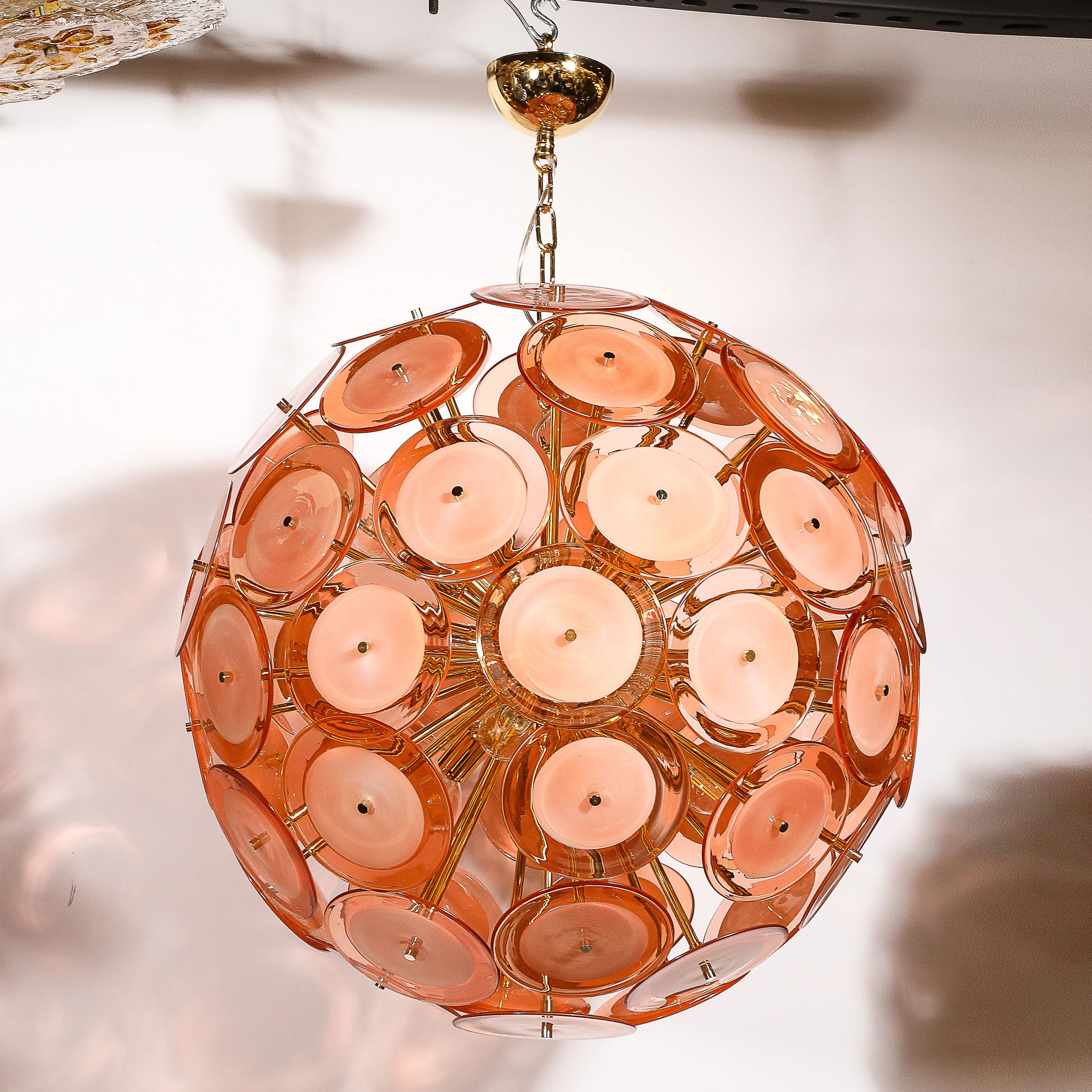 Lustre moderniste à disques en verre de Murano soufflé à la main en abricot fumé en vente 6