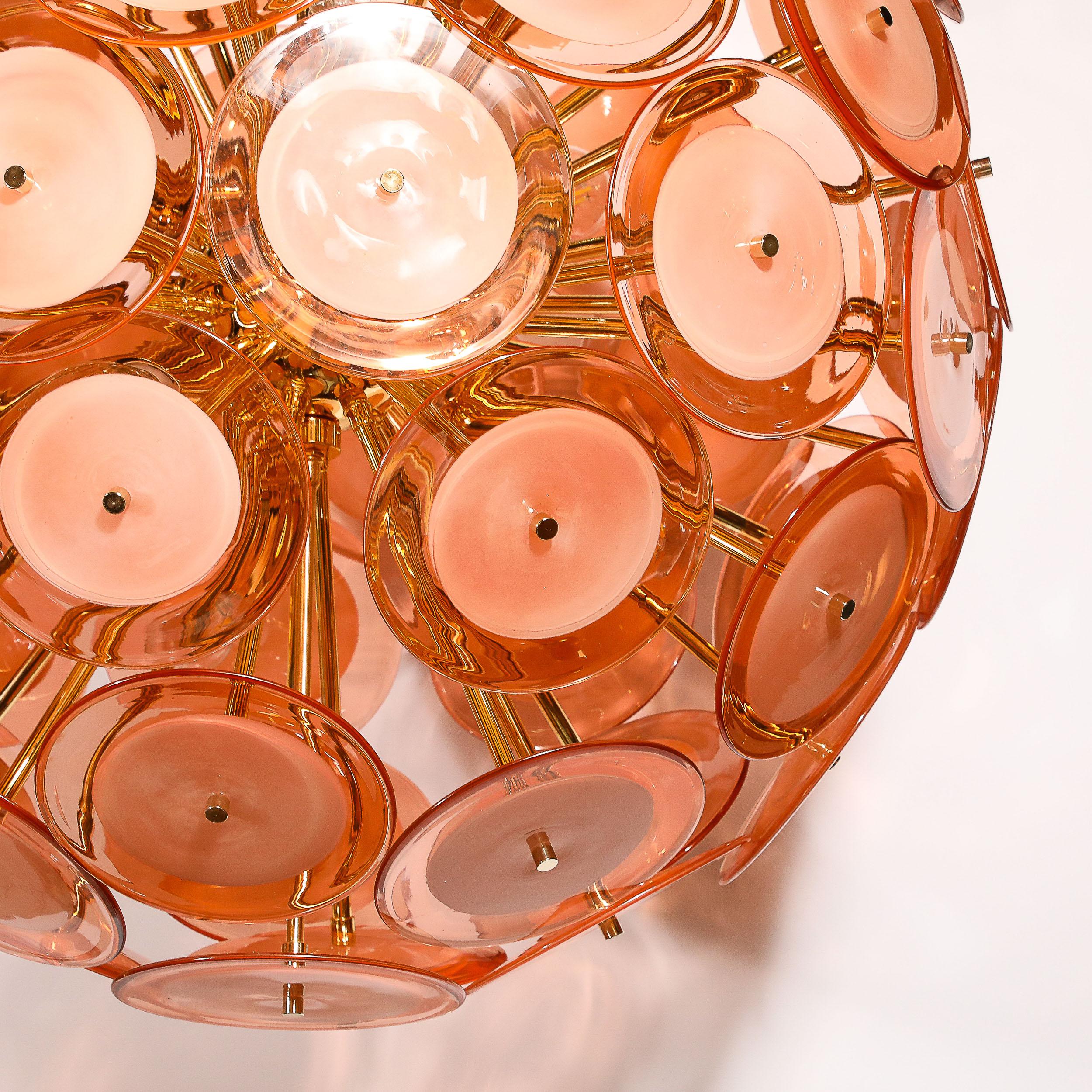 Lustre moderniste à disques en verre de Murano soufflé à la main en abricot fumé en vente 9