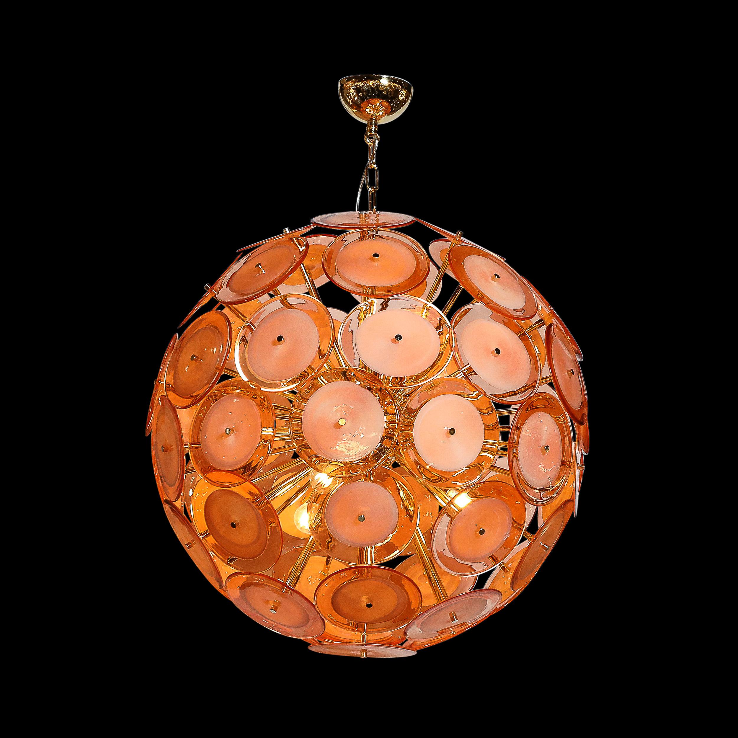 Moderne Lustre moderniste à disques en verre de Murano soufflé à la main en abricot fumé en vente