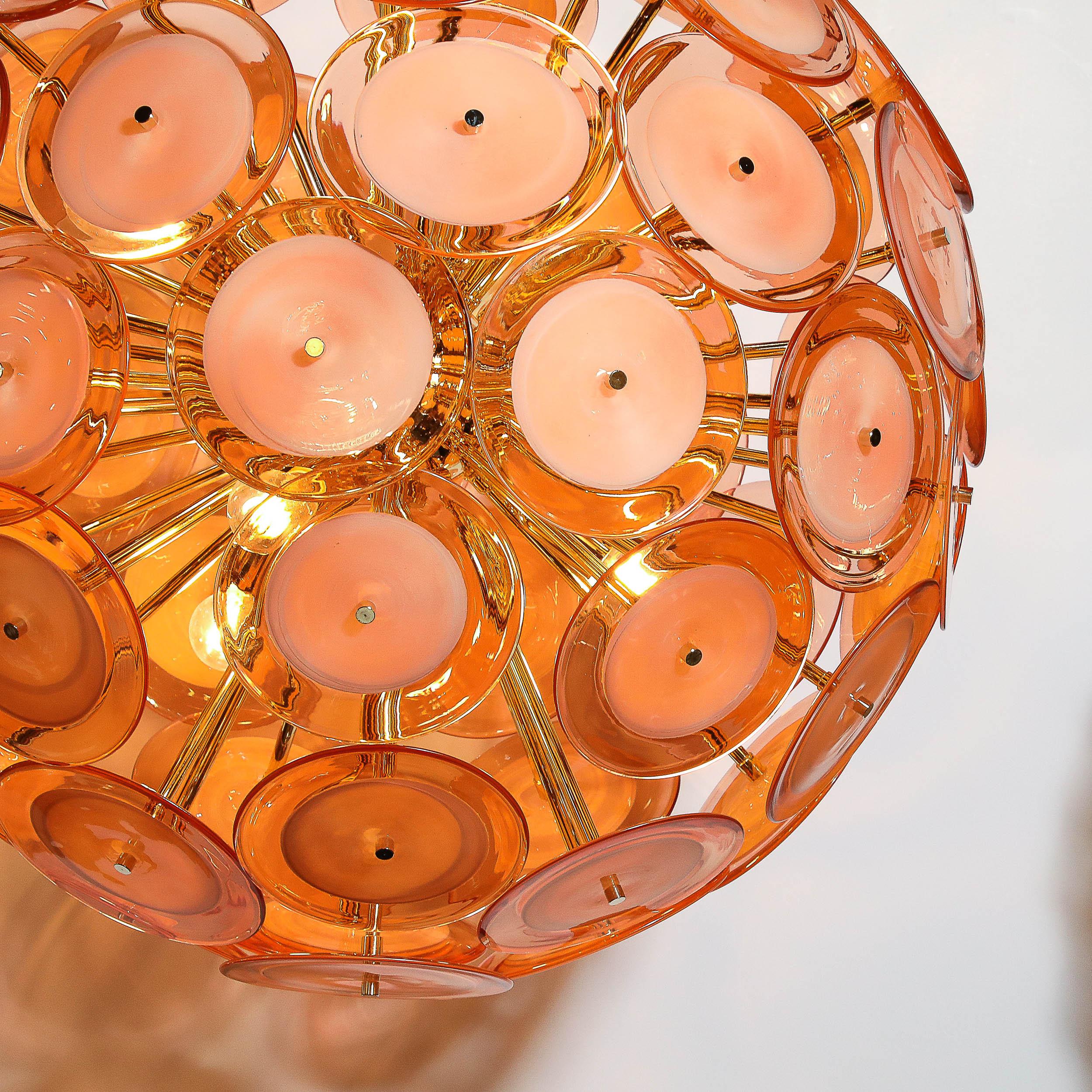 Laiton Lustre moderniste à disques en verre de Murano soufflé à la main en abricot fumé en vente